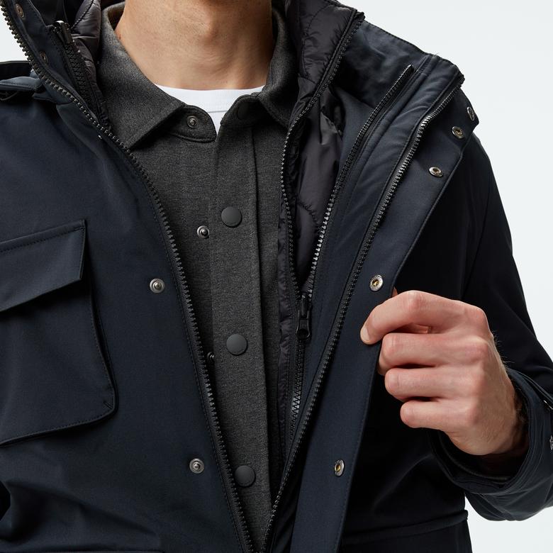 Erkek Regular Fit Kapüşonlu Baskılı Siyah Yağmurluk