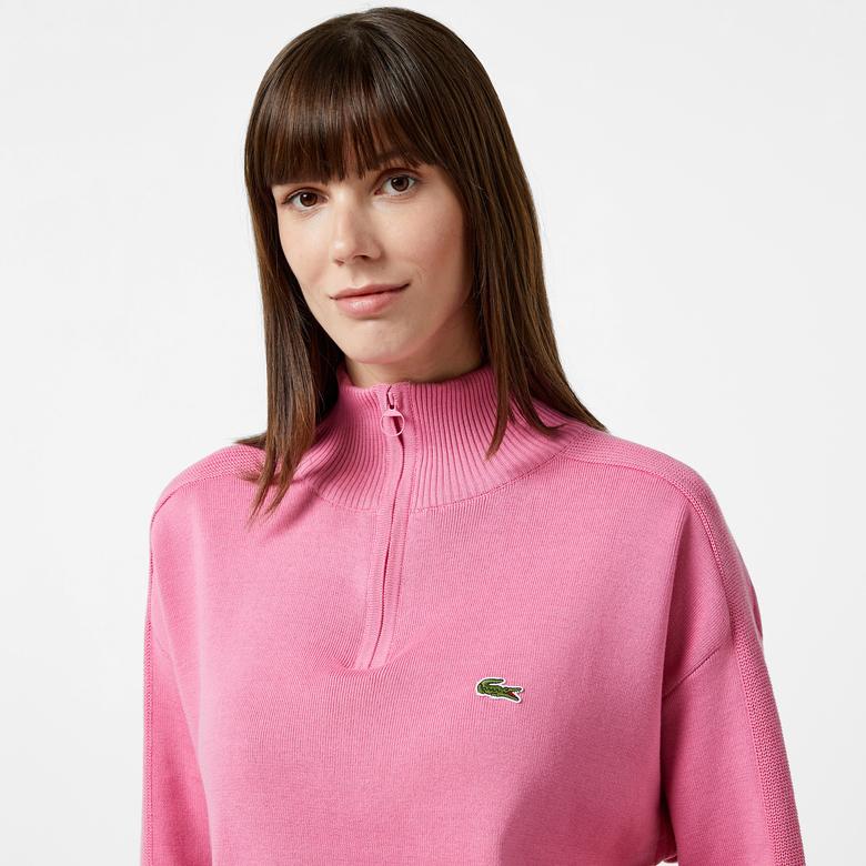Kadın Relaxed Fit Yarım Fermuarlı Pembe Triko