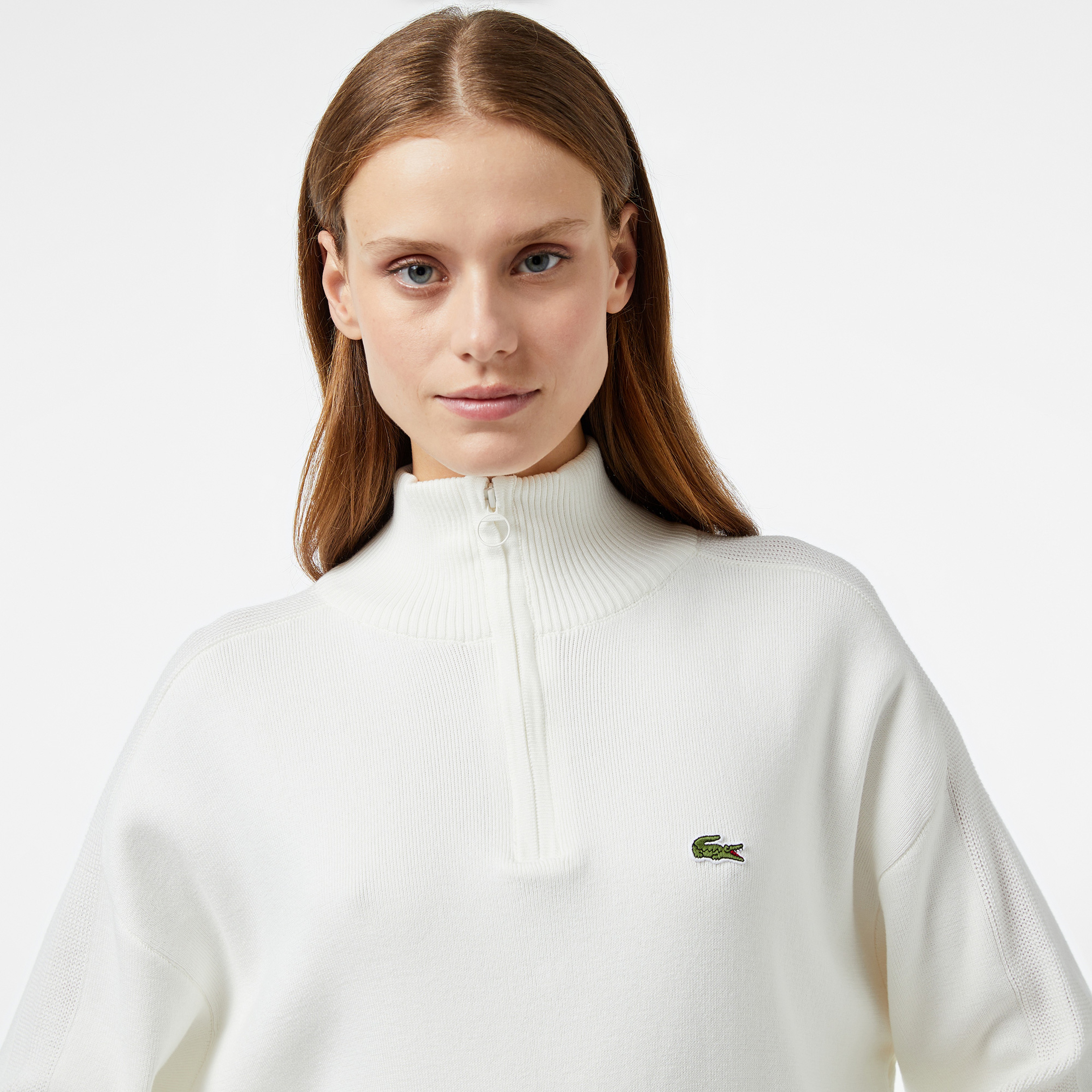 Kadın Relaxed Fit Yarım Fermuarlı Beyaz Triko