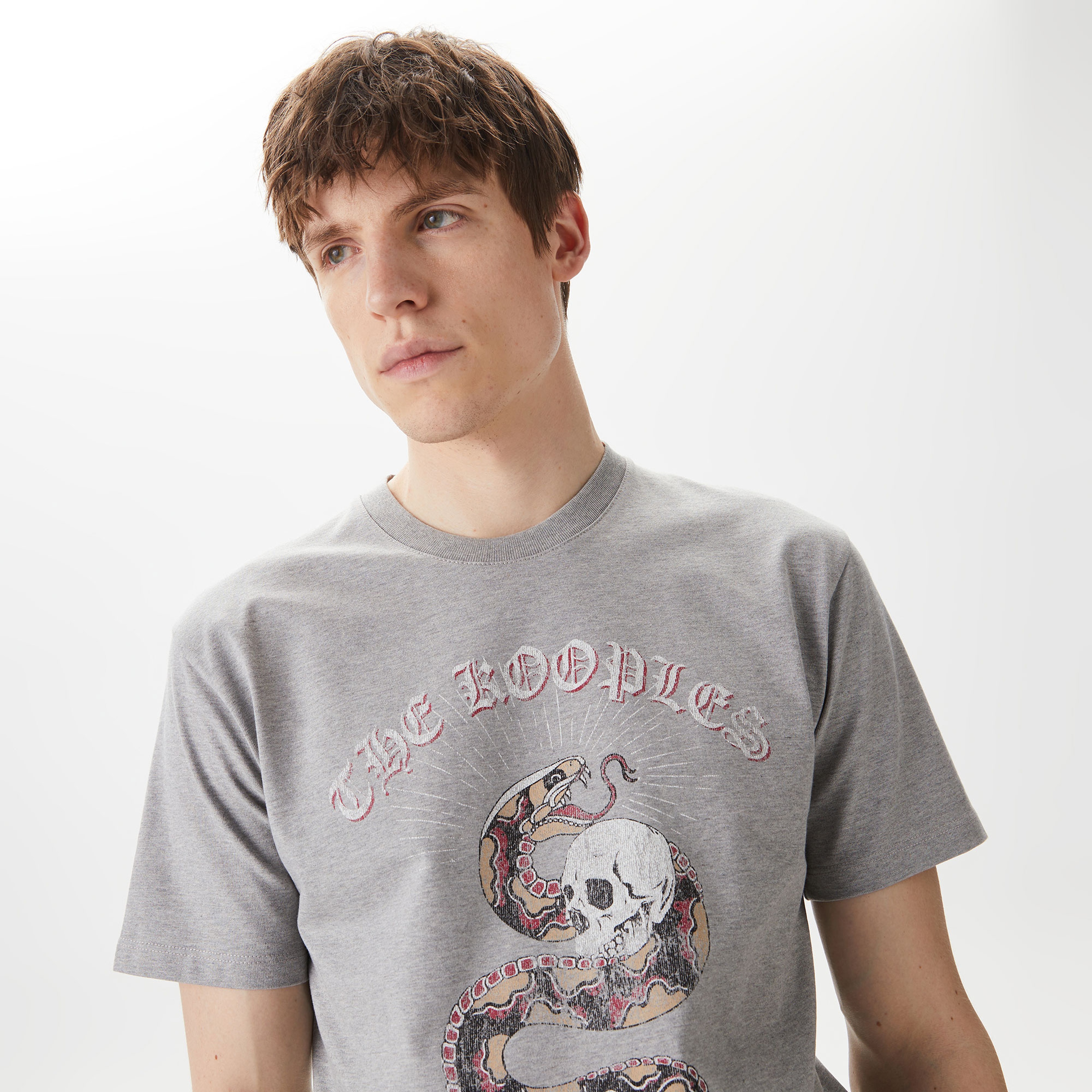 ERKEK BASKILI BİSİKLET YAKA GRİ T-SHIRT