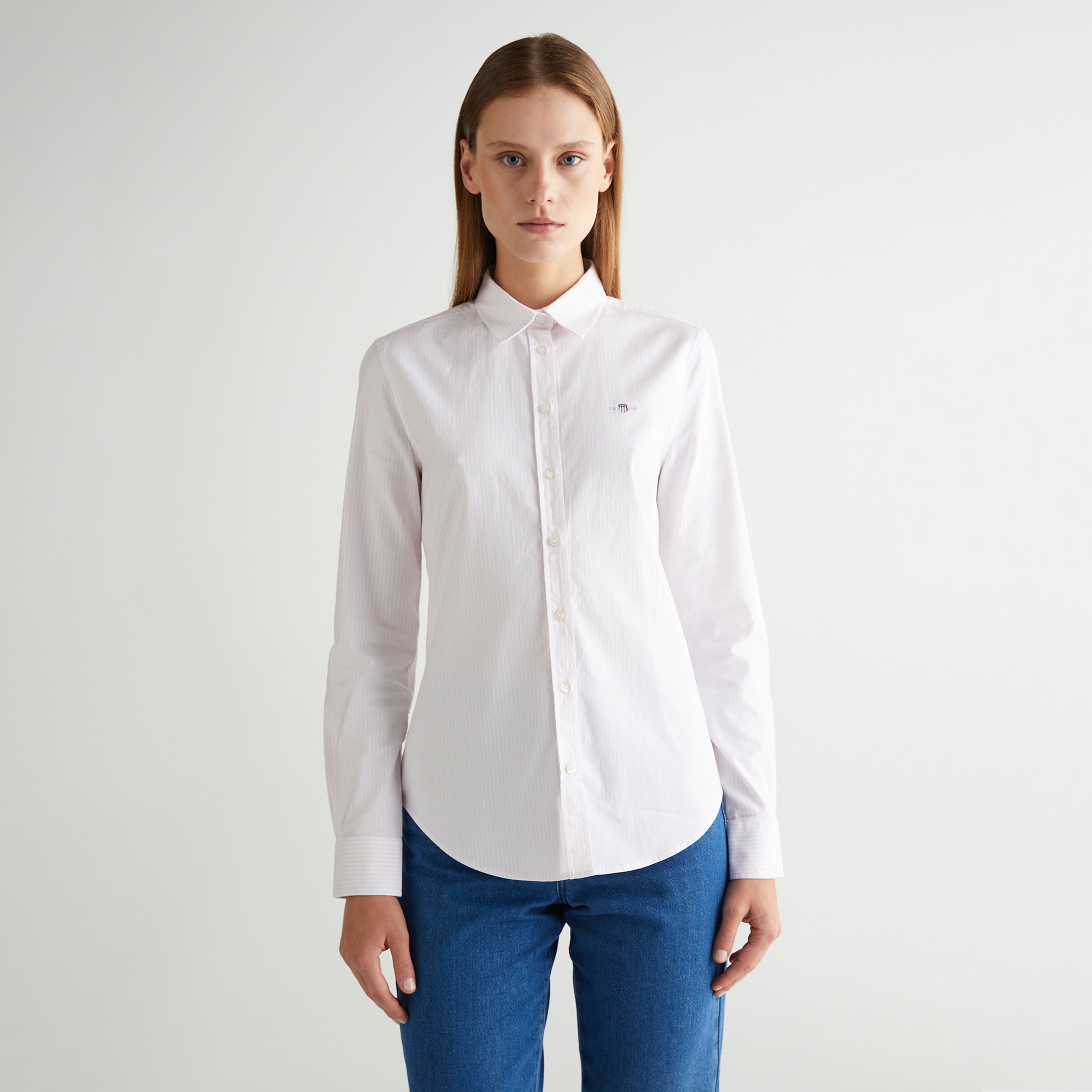 GANT Kadın Pembe Slim Fit Klasik Yaka Çizgili Oxford Gömlek