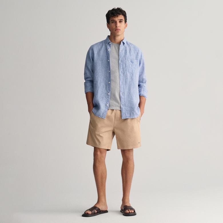 Gant Erkek Mavi Regular Fit Düğmeli Yaka Kareli Keten Gömlek