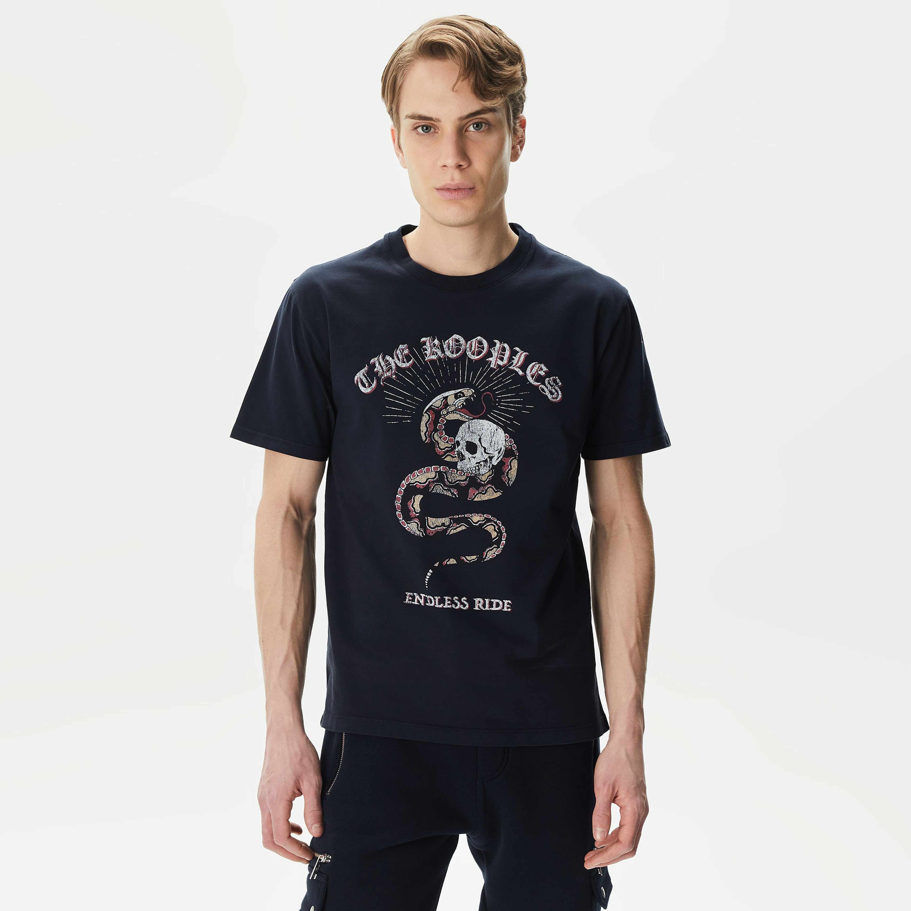 ERKEK BASKILI BİSİKLET YAKA LACİVERT T-SHIRT