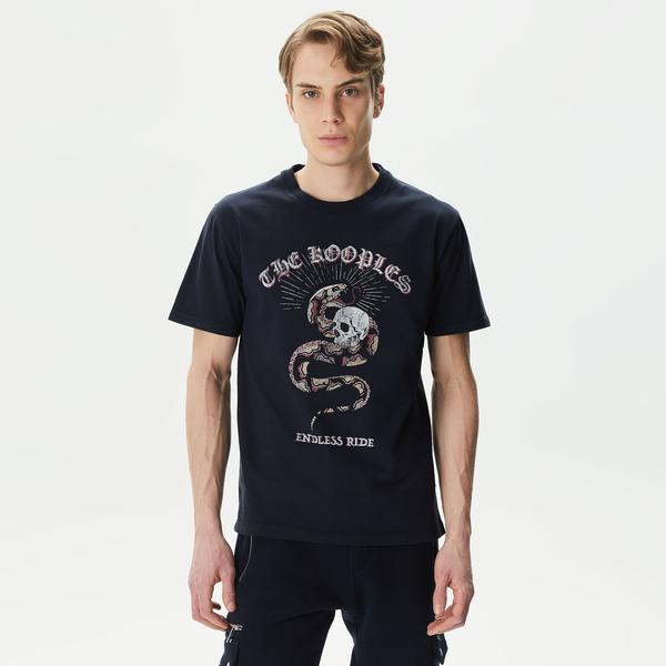 ERKEK BASKILI BİSİKLET YAKA LACİVERT T-SHIRT