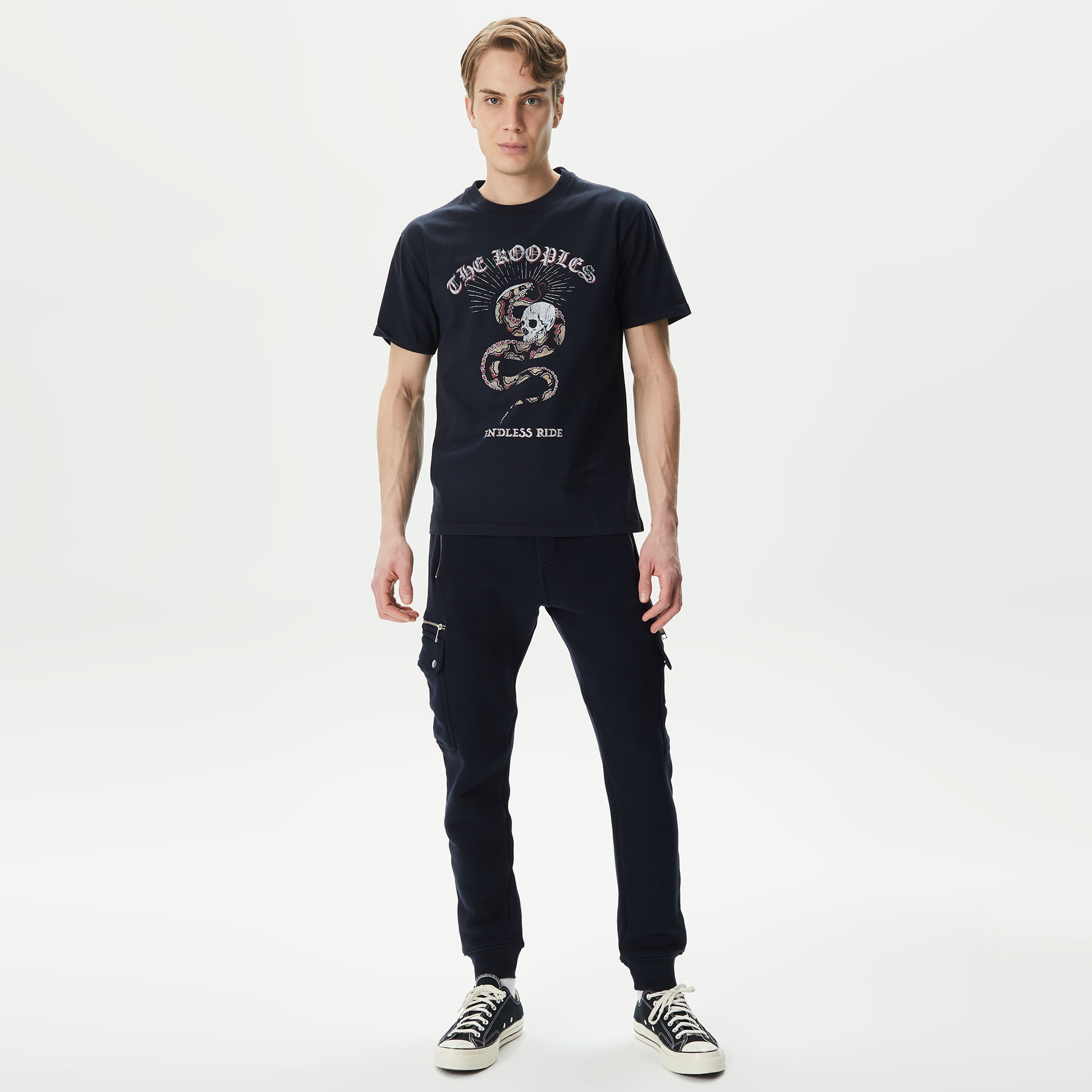 ERKEK BASKILI BİSİKLET YAKA LACİVERT T-SHIRT