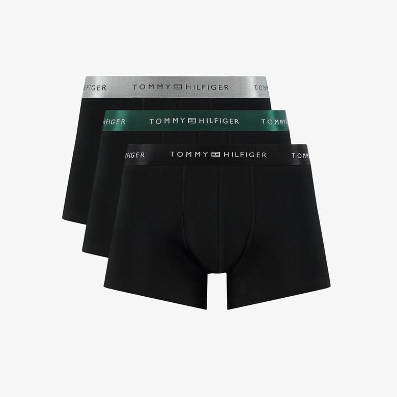 Tommy Hilfiger Trunk 3'lü Siyah/Gümüş/Yeşil Bantlı Erkek Siyah Boxer