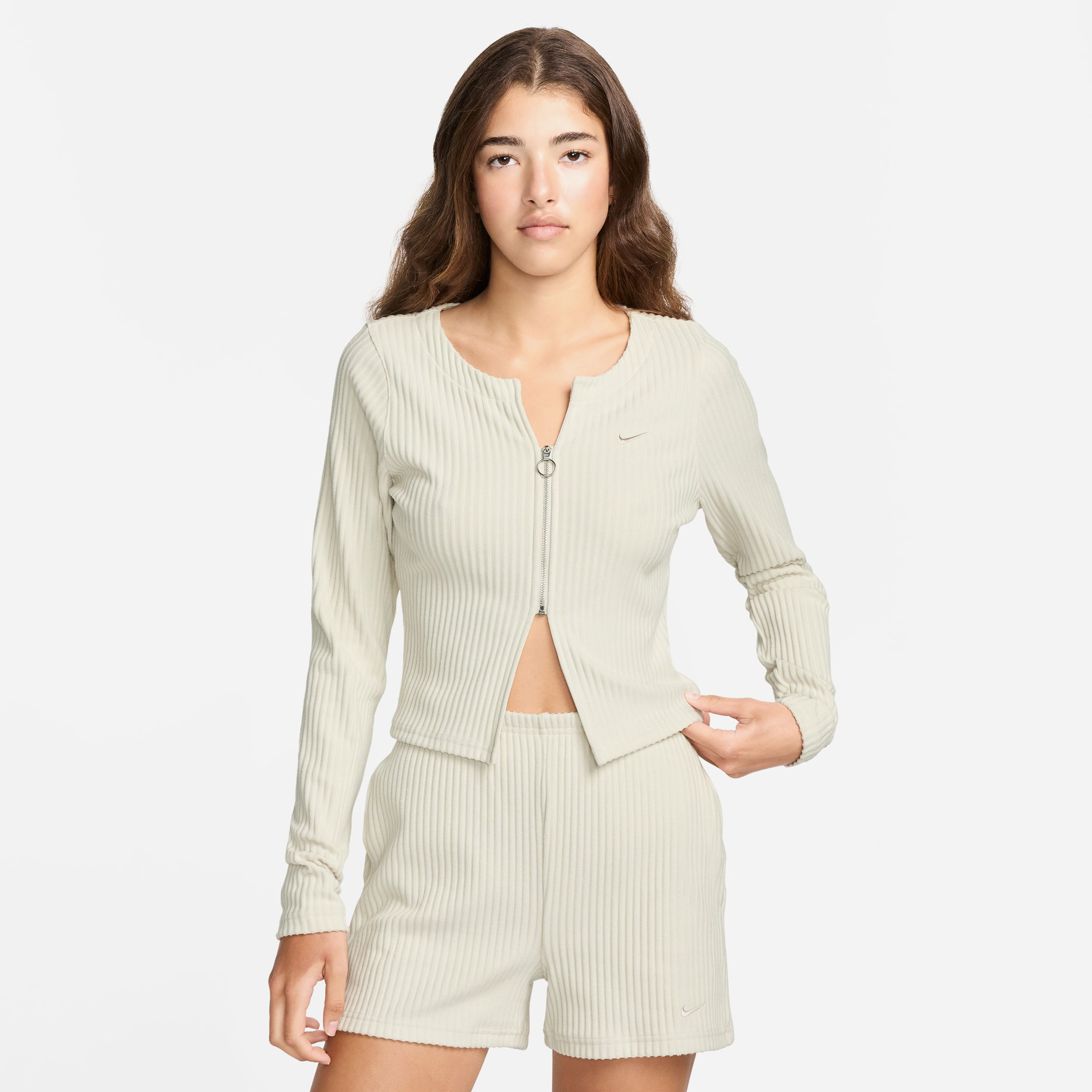 Nike Sportswear Chill Knit Full Zip Ribbed Cardigan Kadın Krem