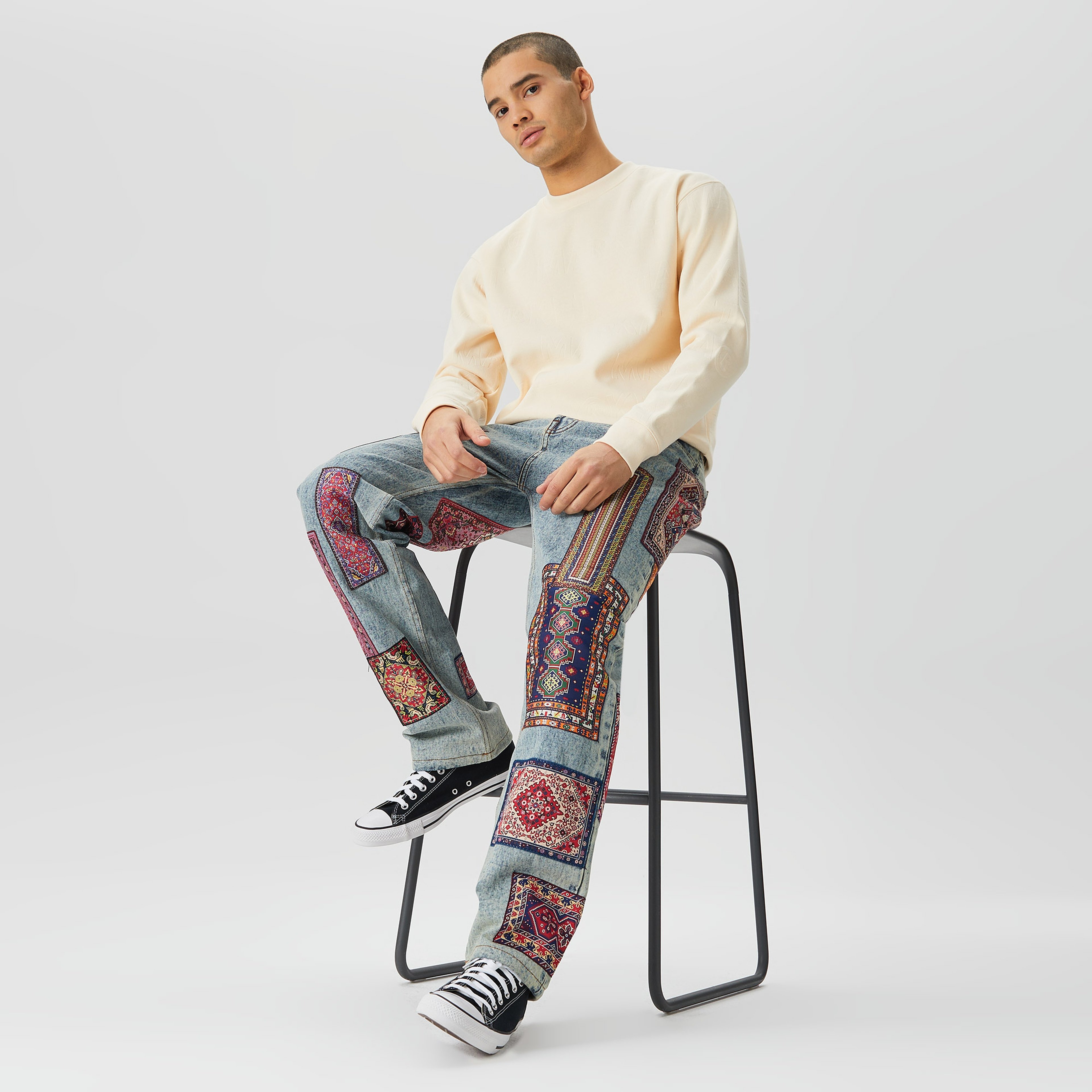 Market Embossed Crew Fleece Erkek Krem Sweatshirt