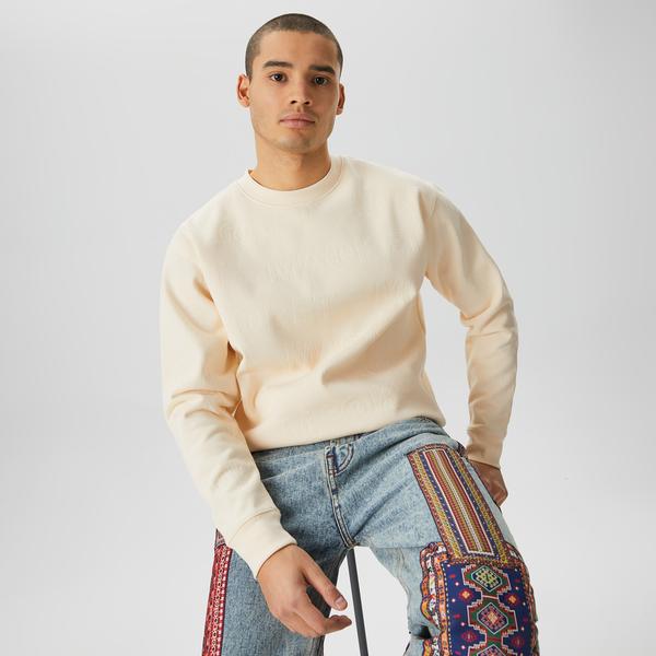 Market Embossed Crew Fleece Erkek Krem Sweatshirt