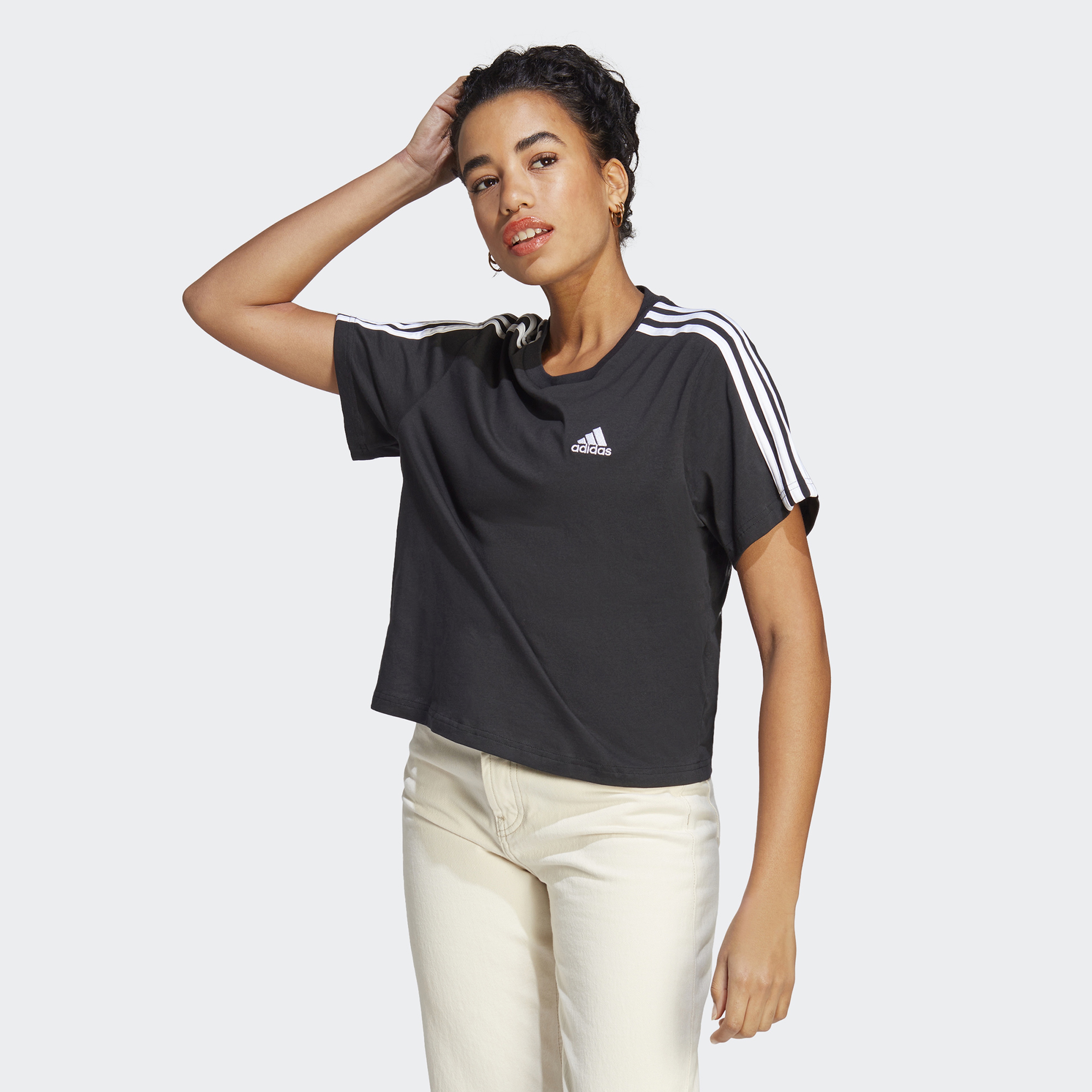 adidas Essentials 3-Stripes Single Jersey Crop Kadın Siyah T-Shirt