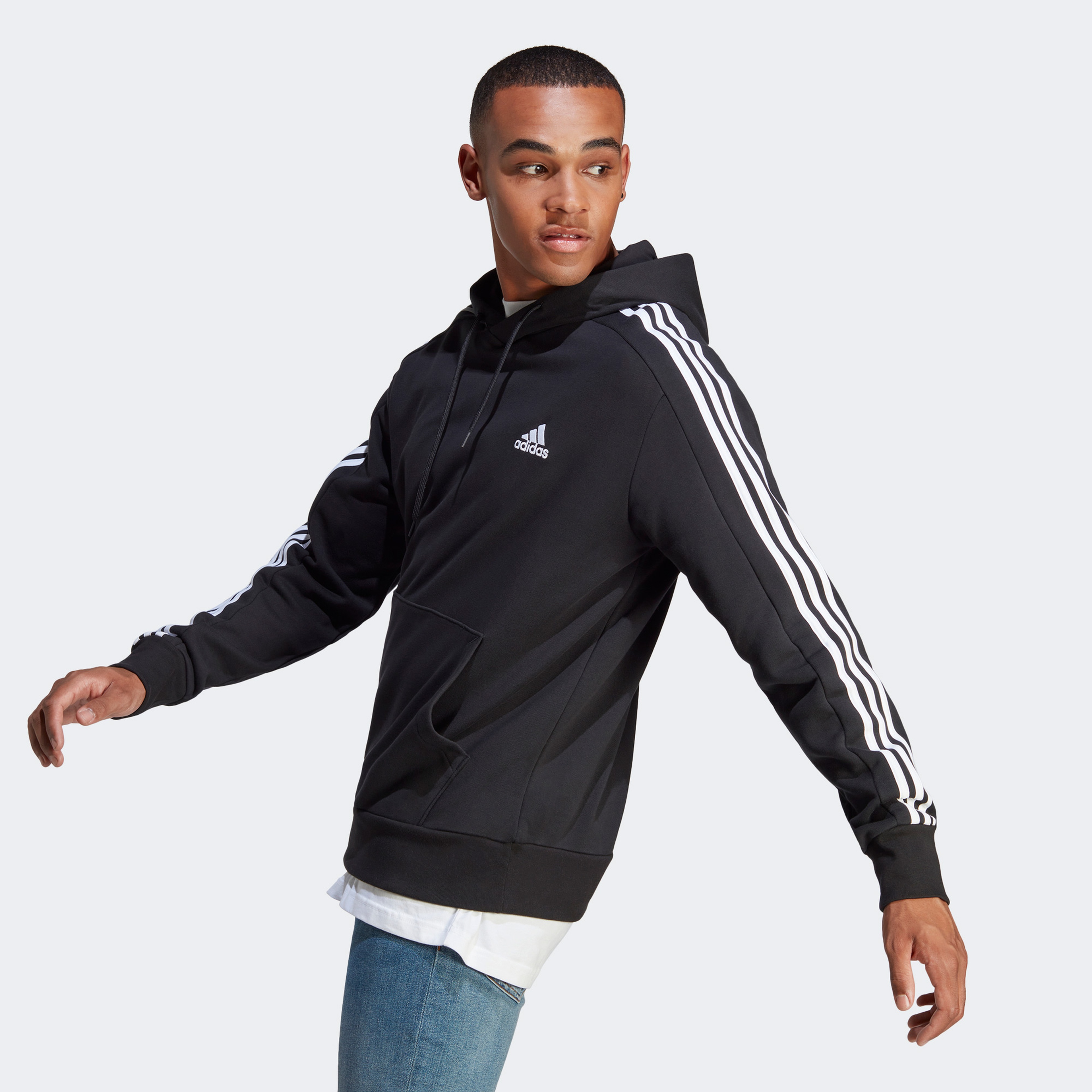 adidas Essentials French Terry 3-Stripes Erkek Siyah Hoodie