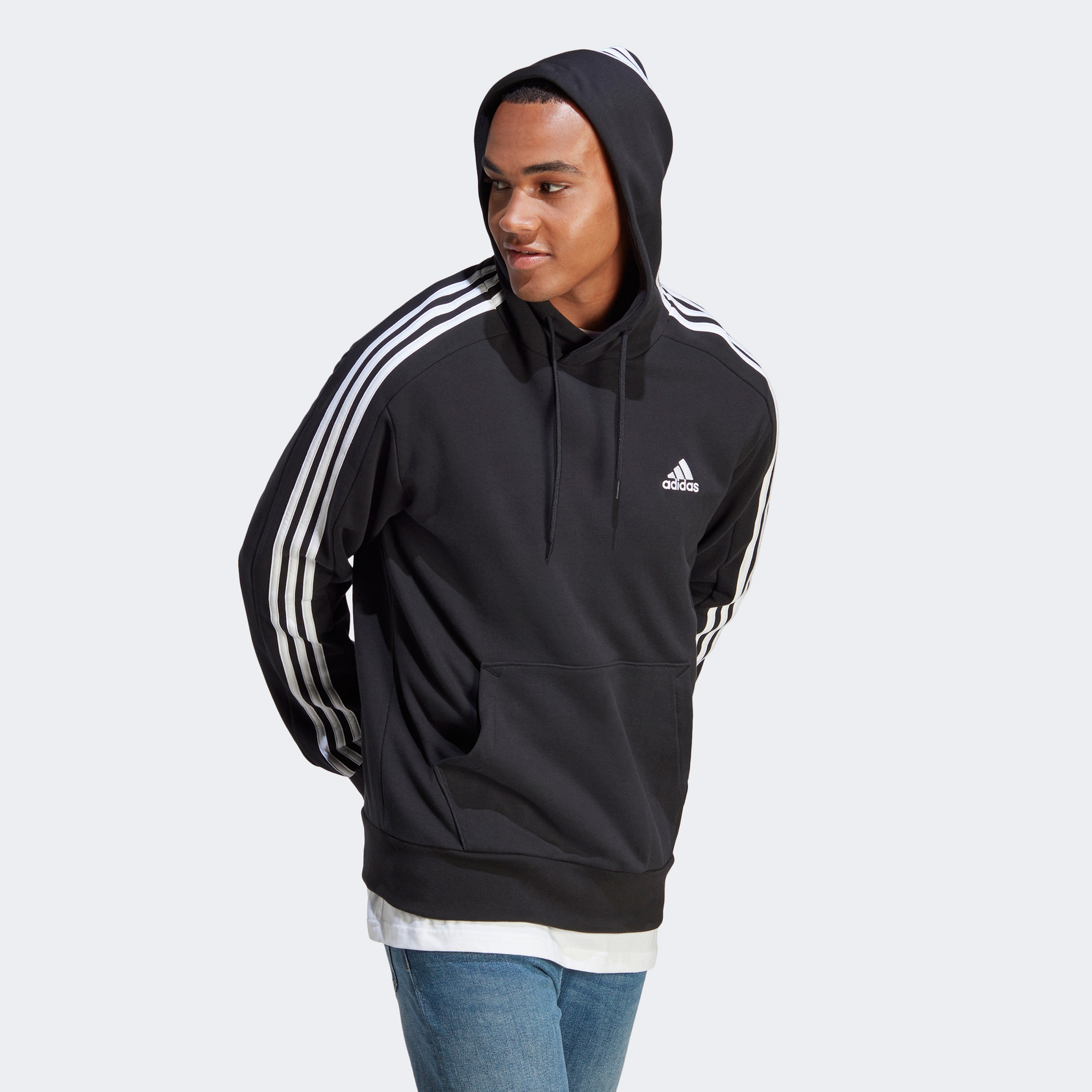 adidas Essentials French Terry 3-Stripes Erkek Siyah Hoodie