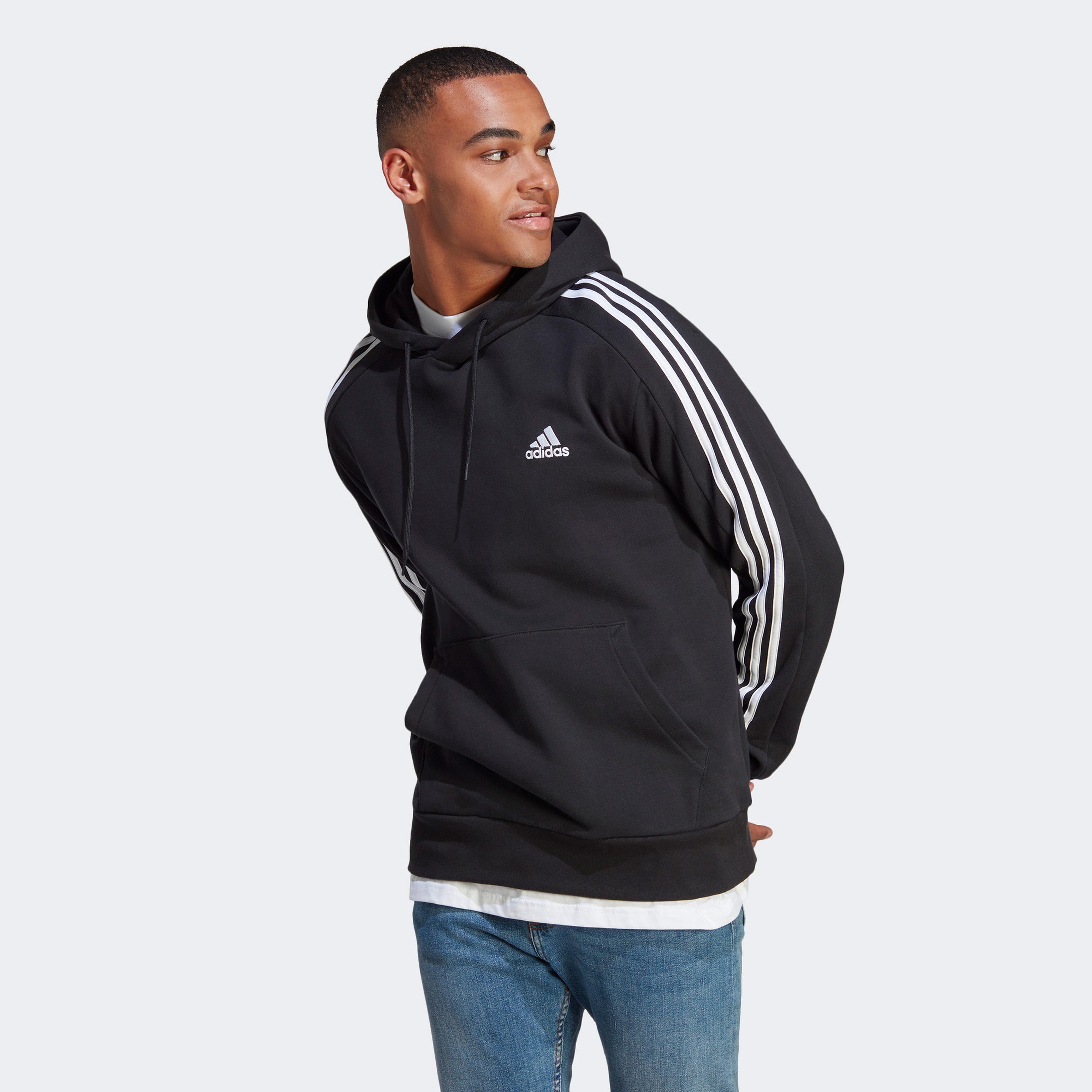 adidas Essentials French Terry 3-Stripes Erkek Siyah Hoodie