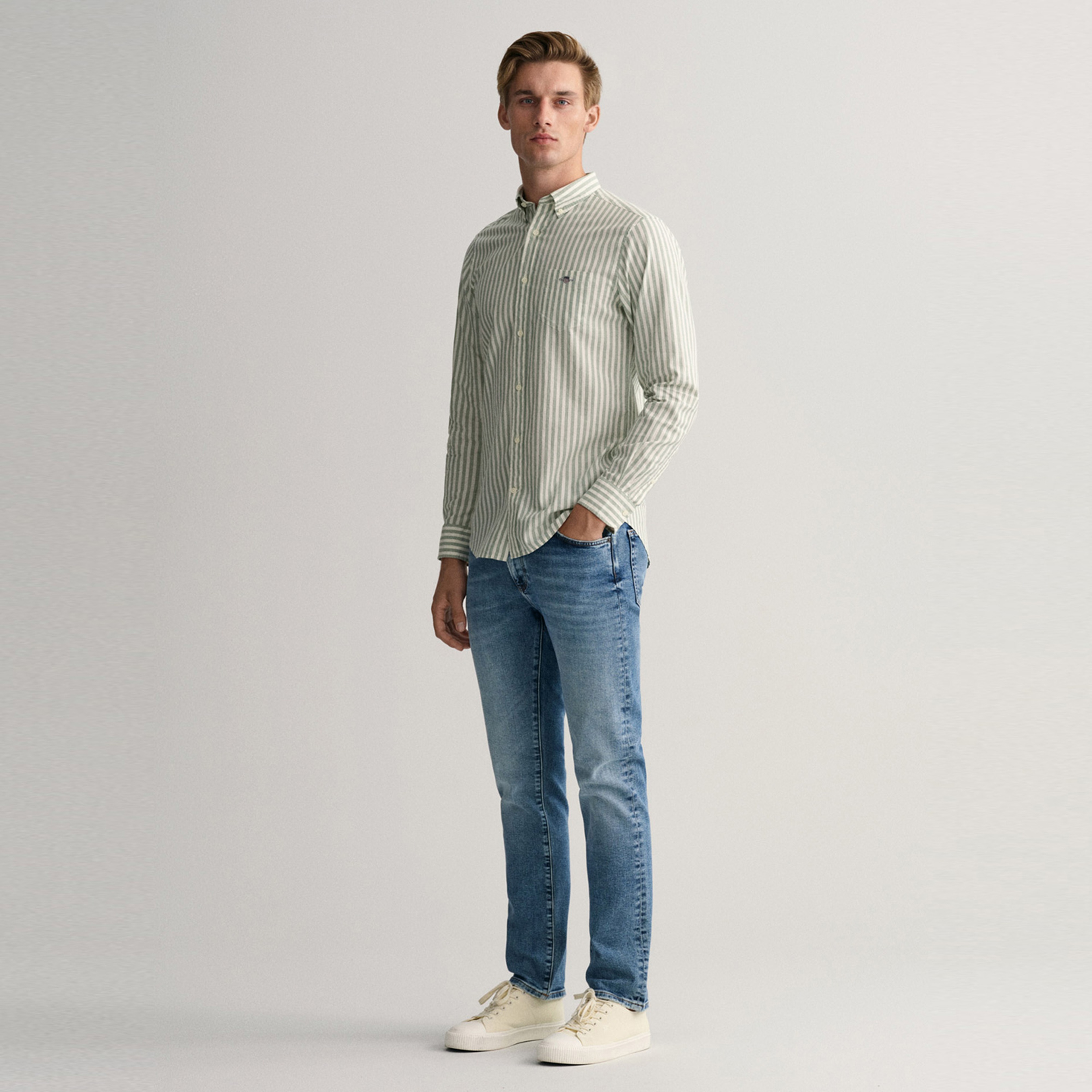 GANT Erkek Yeşil Regular Fit Düğmeli Yaka Çizgili Gömlek