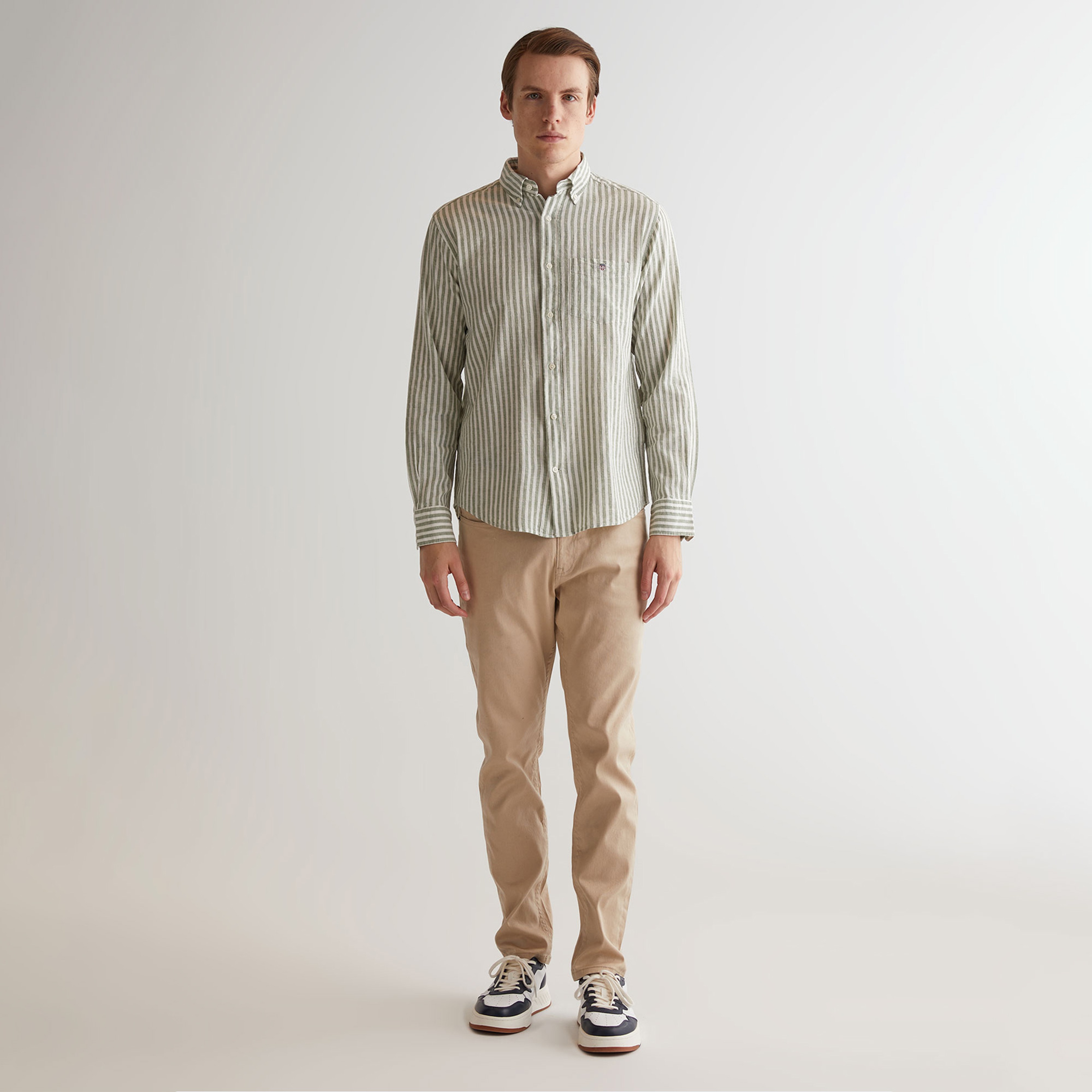 GANT Erkek Yeşil Regular Fit Düğmeli Yaka Çizgili Gömlek