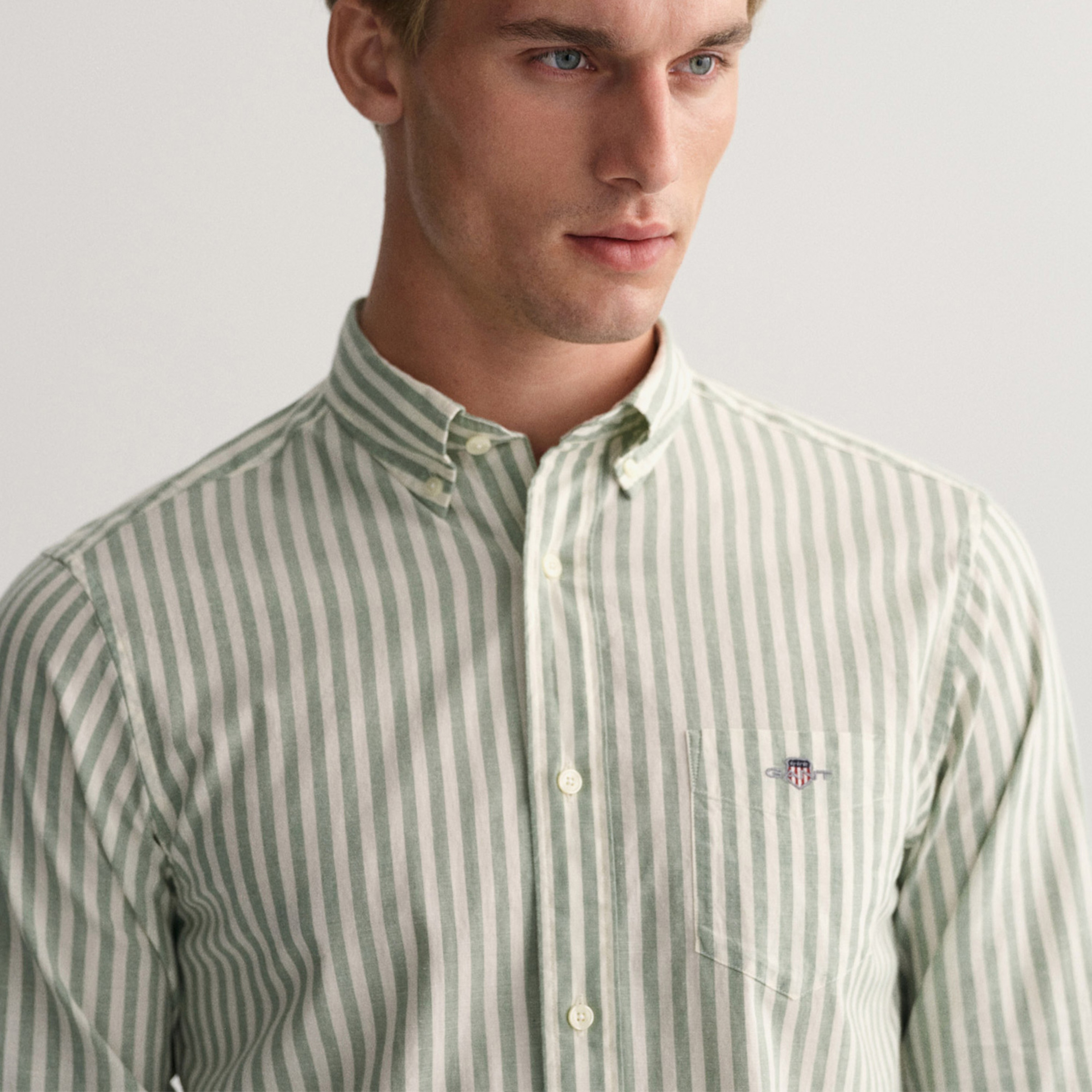 GANT Erkek Yeşil Regular Fit Düğmeli Yaka Çizgili Gömlek