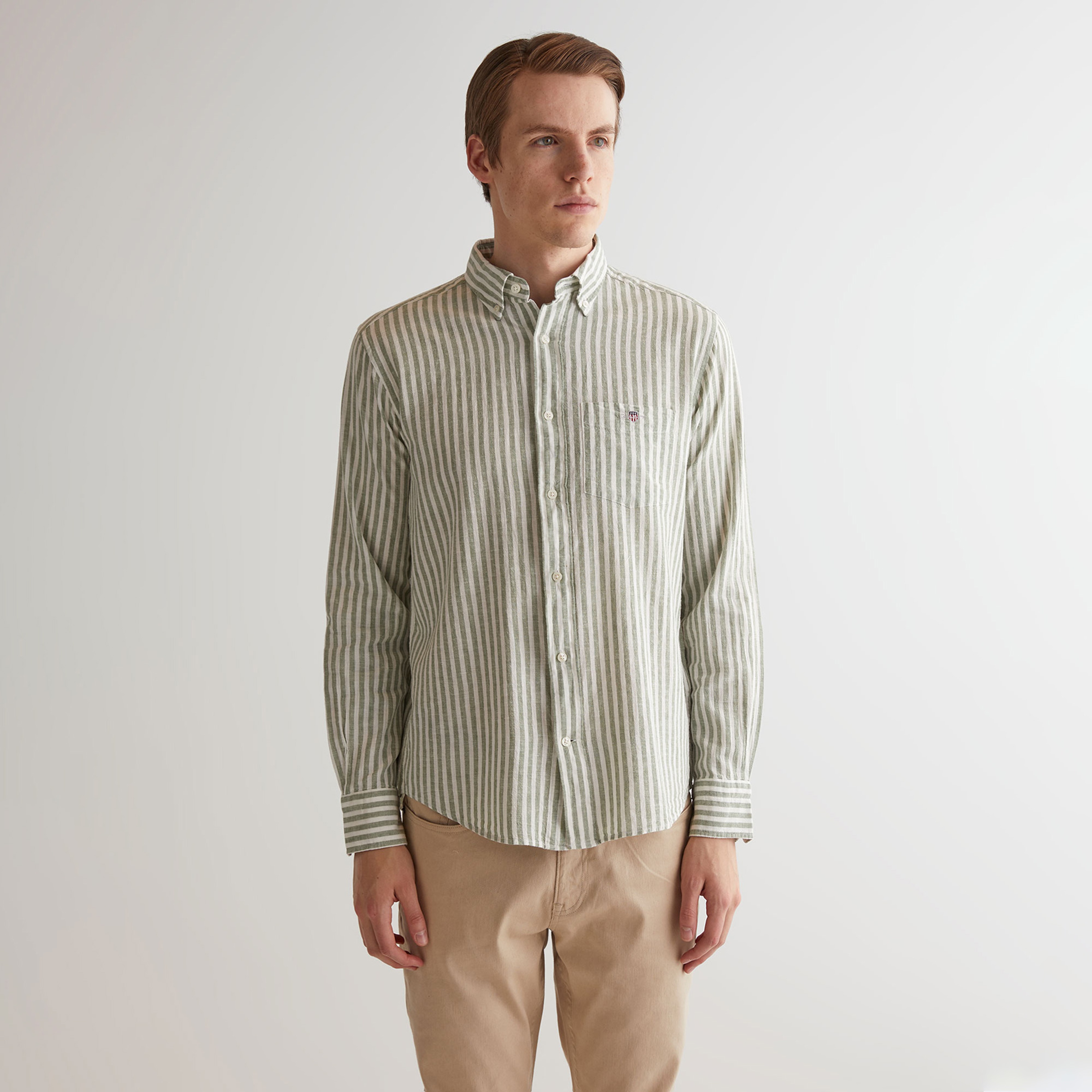GANT Erkek Yeşil Regular Fit Düğmeli Yaka Çizgili Gömlek