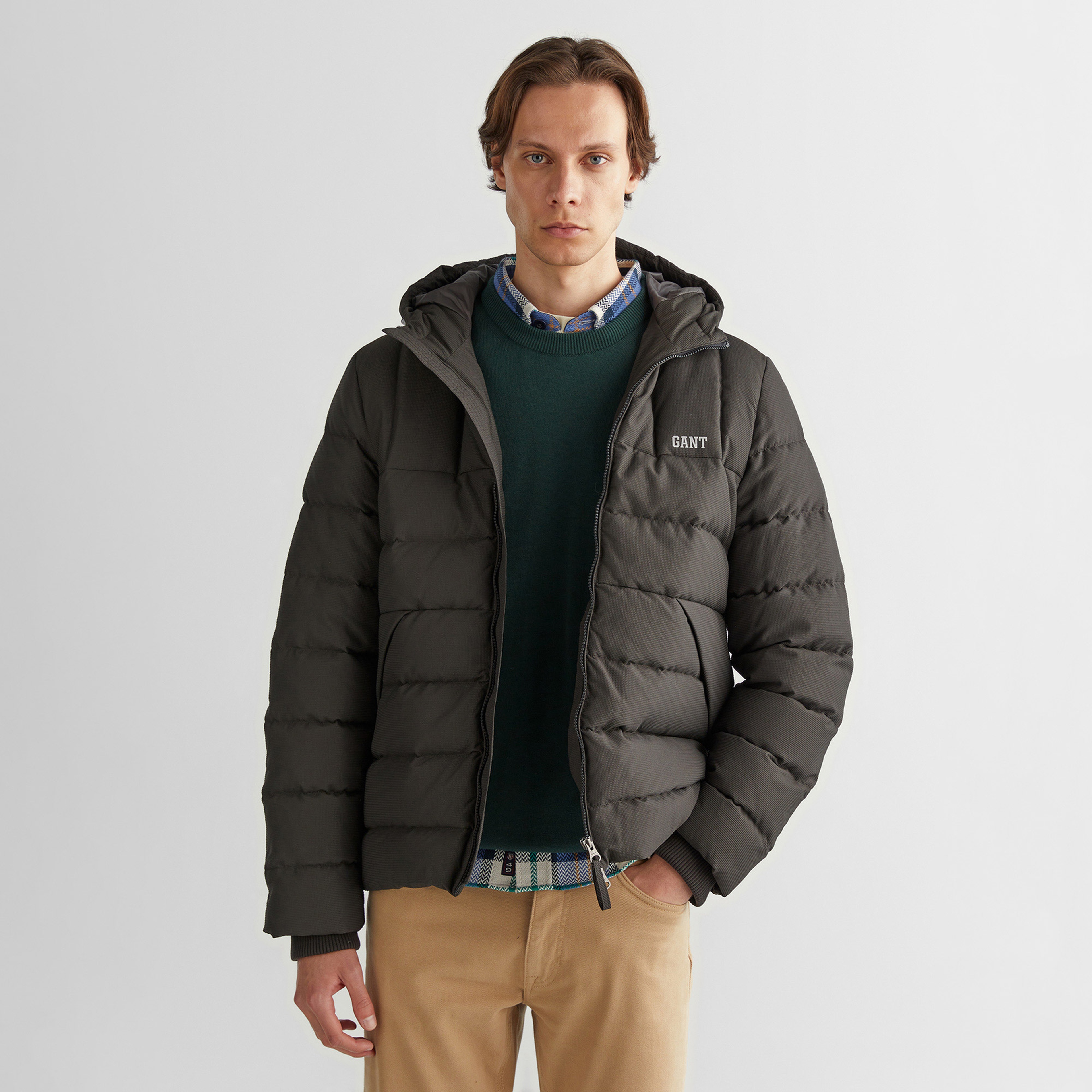 GANT Erkek Gri Kapüşonlu Logolu Mont