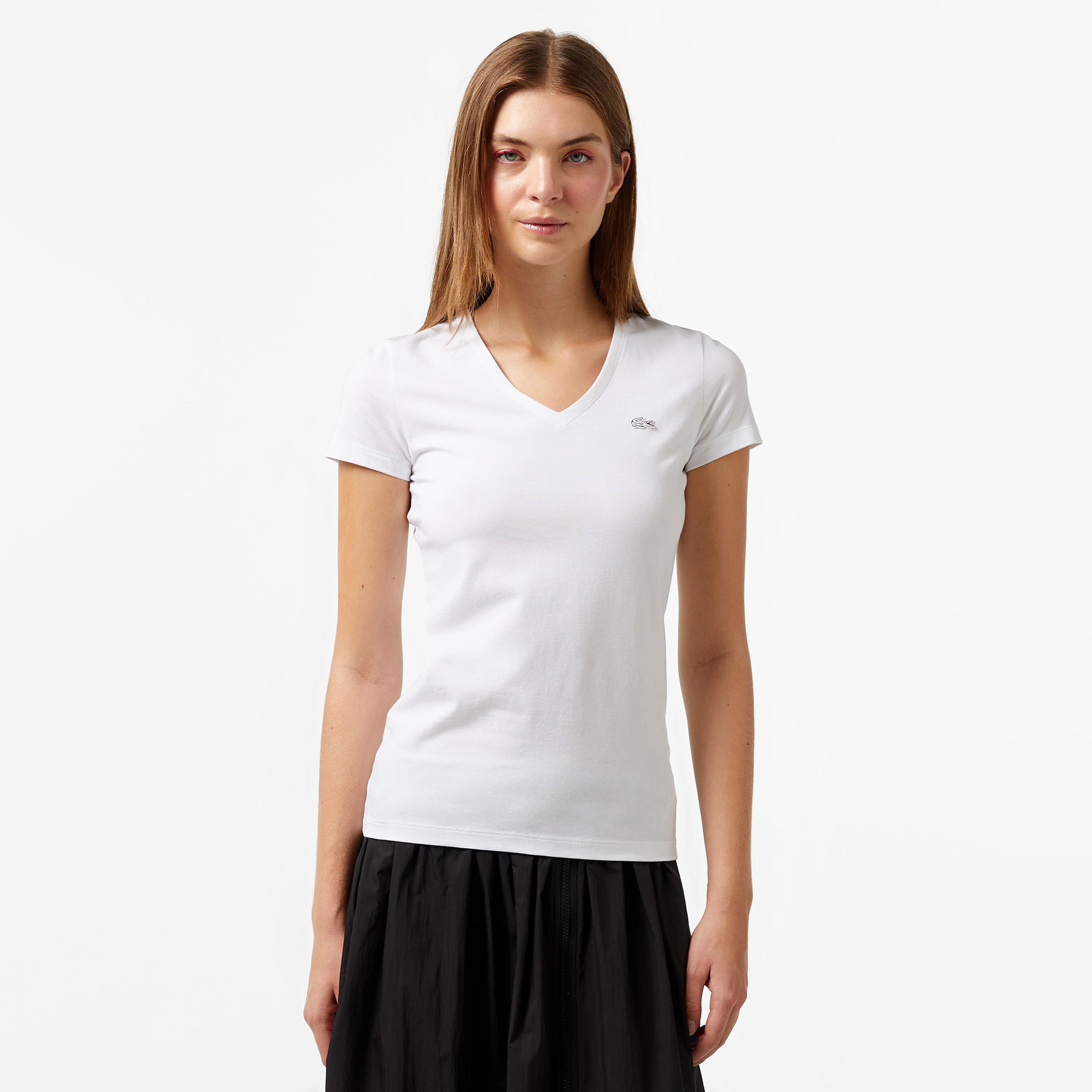 Kadın Slim Fit V Yaka Beyaz T-Shirt