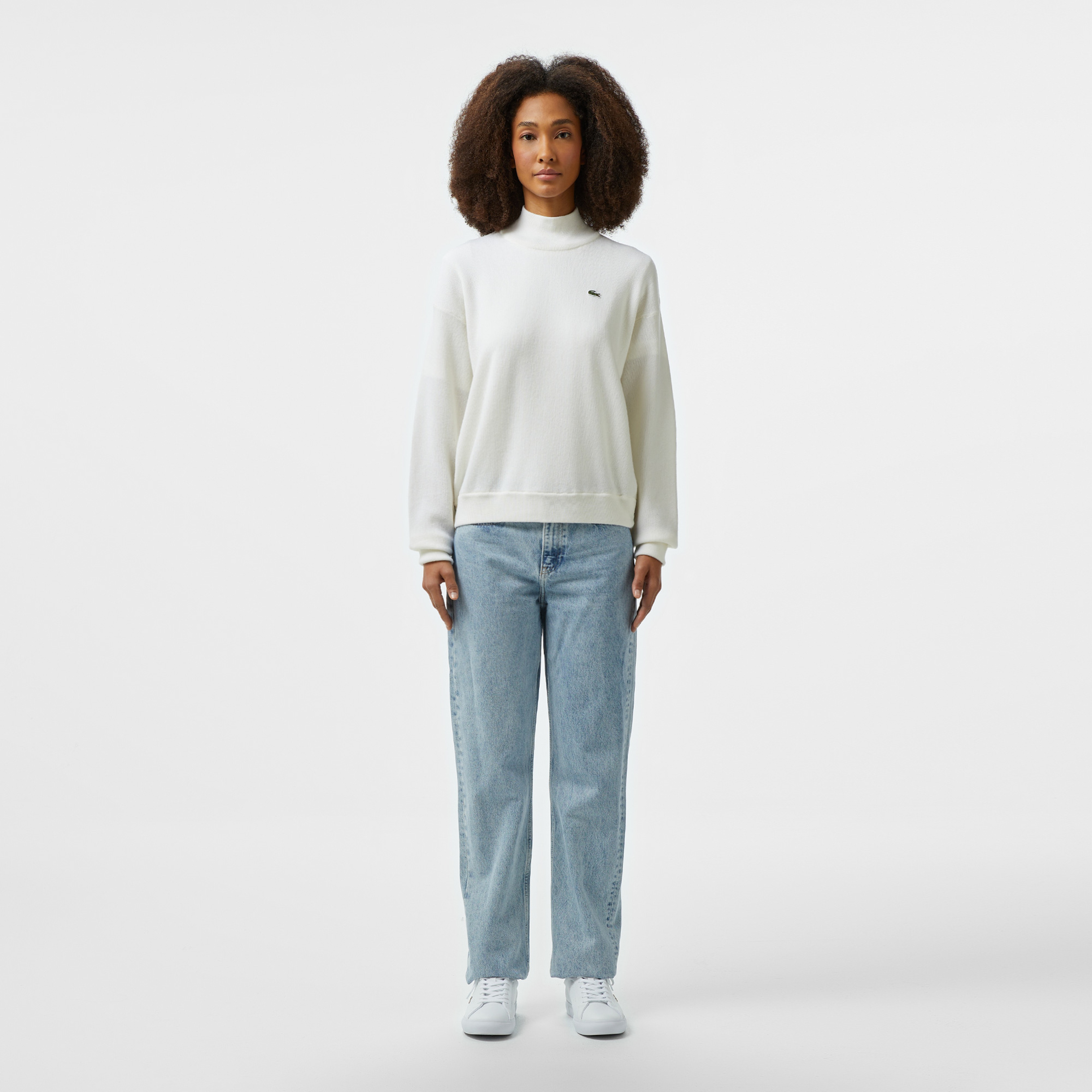 Kadın Relaxed Fit Polo Yaka Yün Beyaz Triko