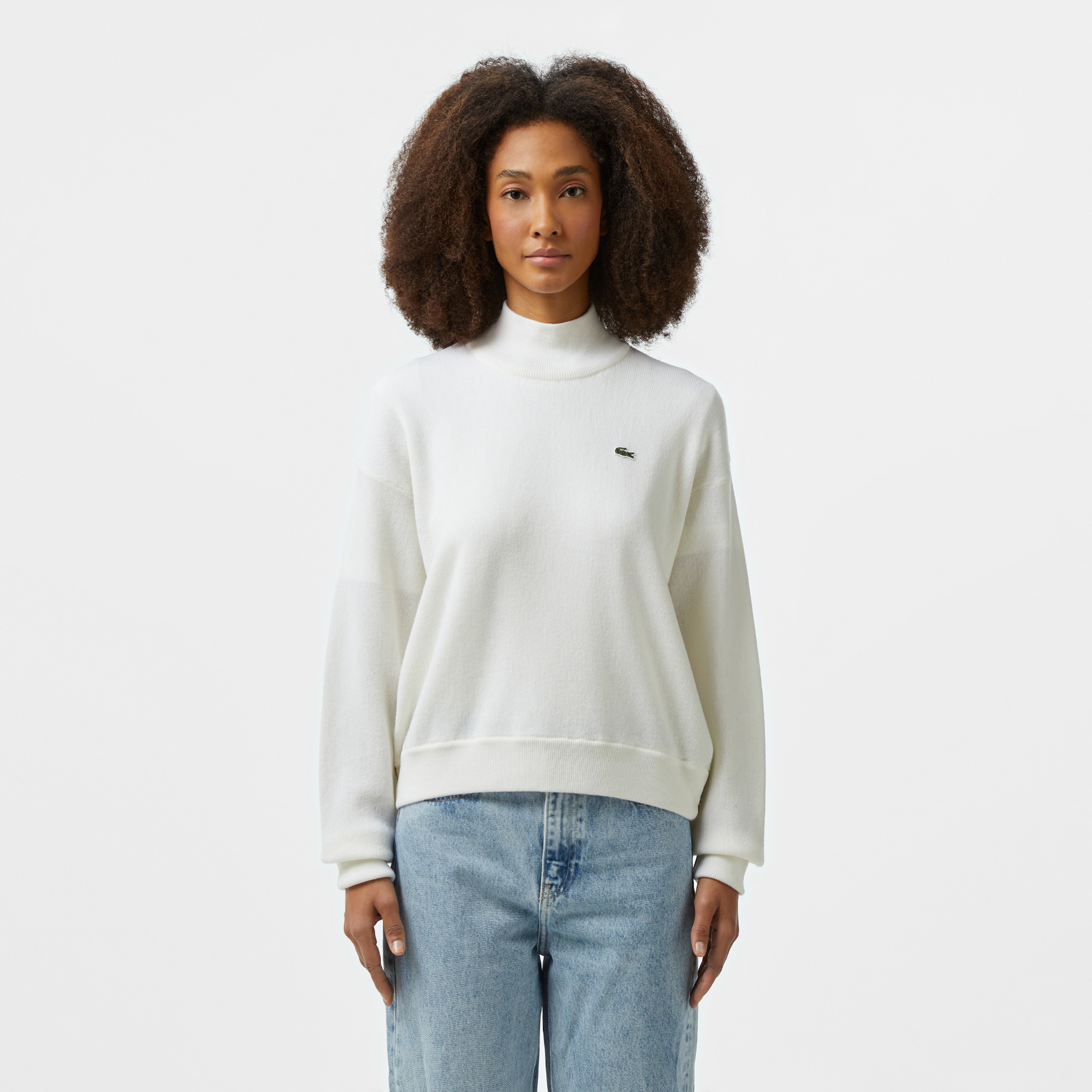 Kadın Relaxed Fit Polo Yaka Yün Beyaz Triko