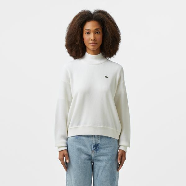 Kadın Relaxed Fit Polo Yaka Yün Beyaz Triko