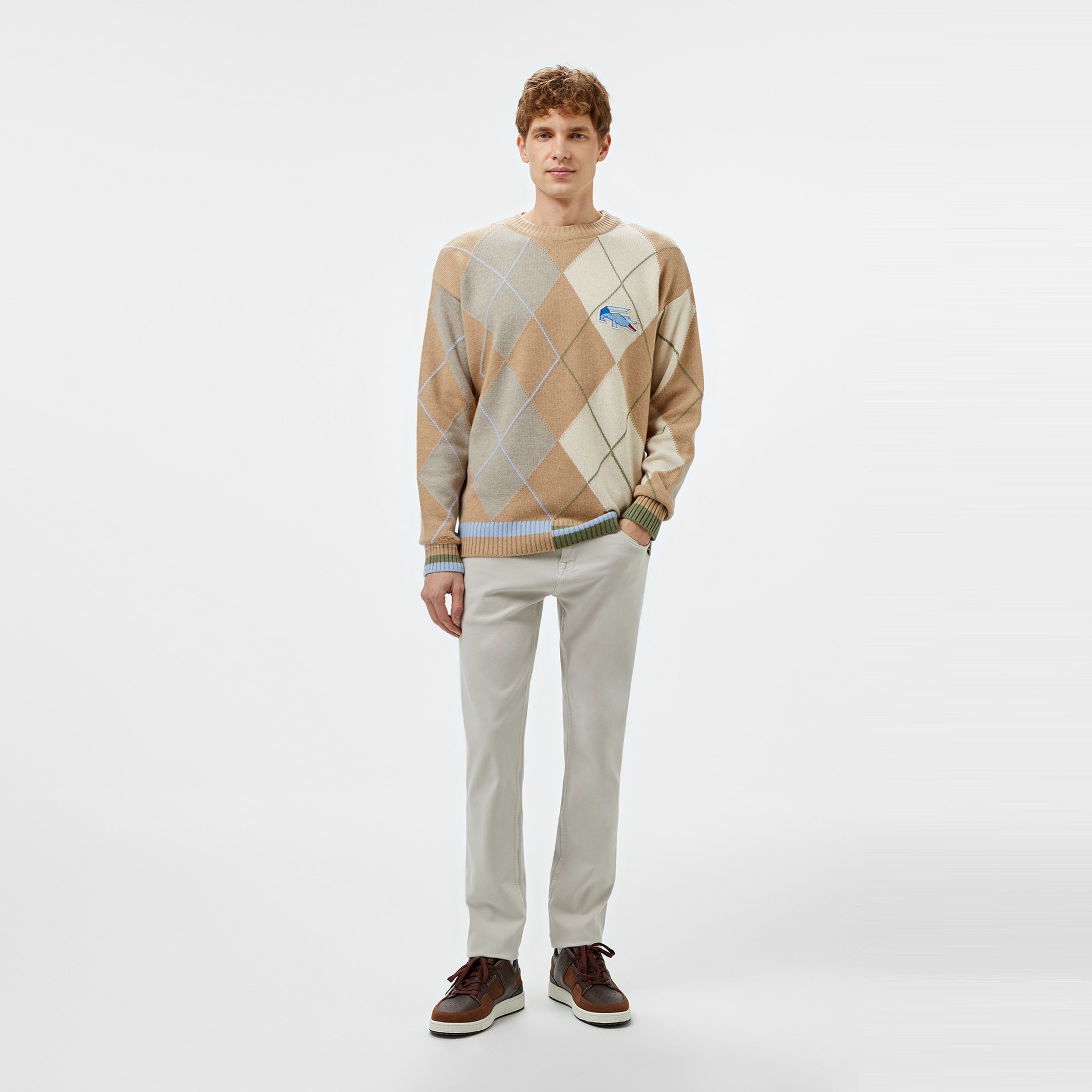 Erkek Loose Fit Bisiklet Yaka Renk Bloklu Kahverengi Kazak