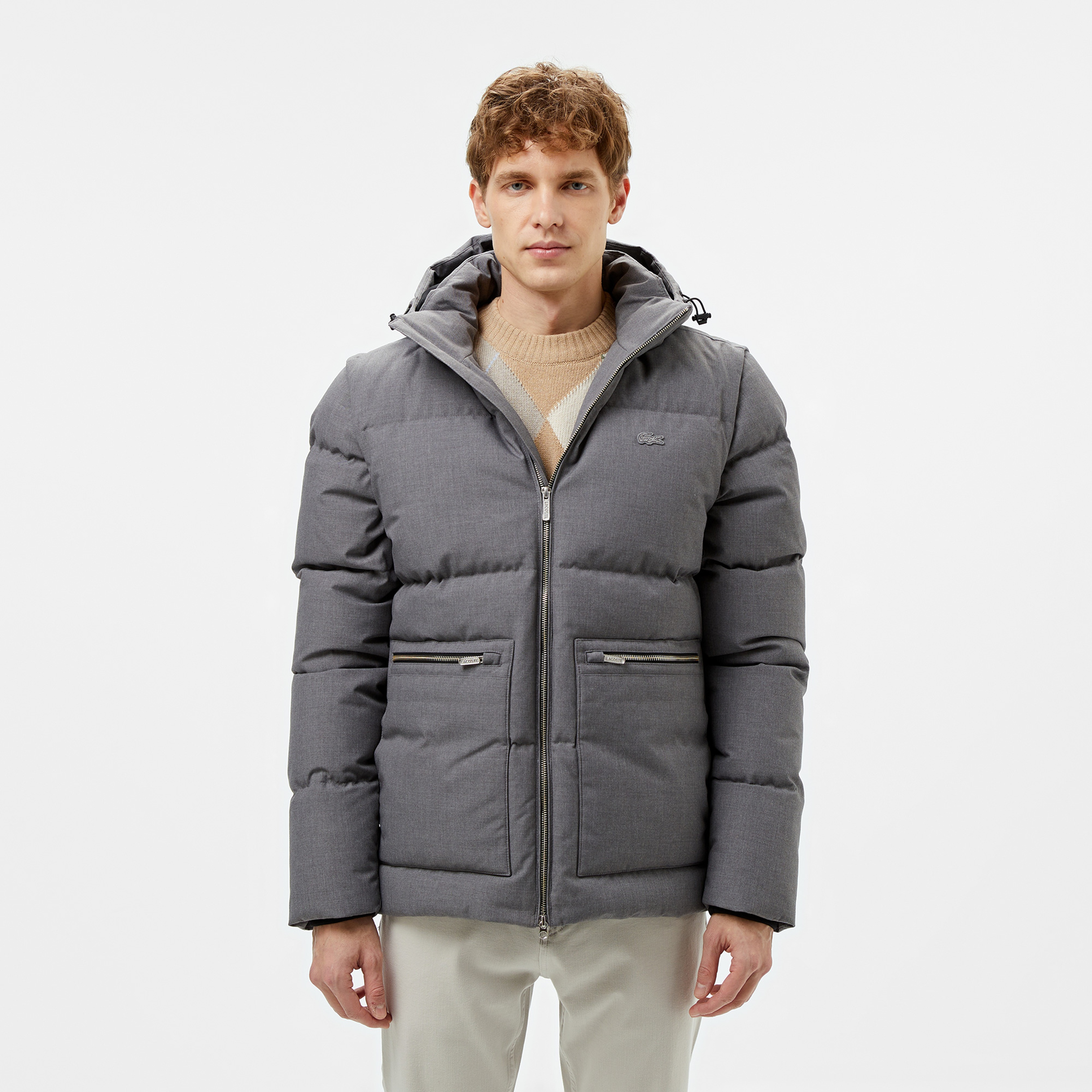 Erkek Kapüşonlu Gri Şişme Mont