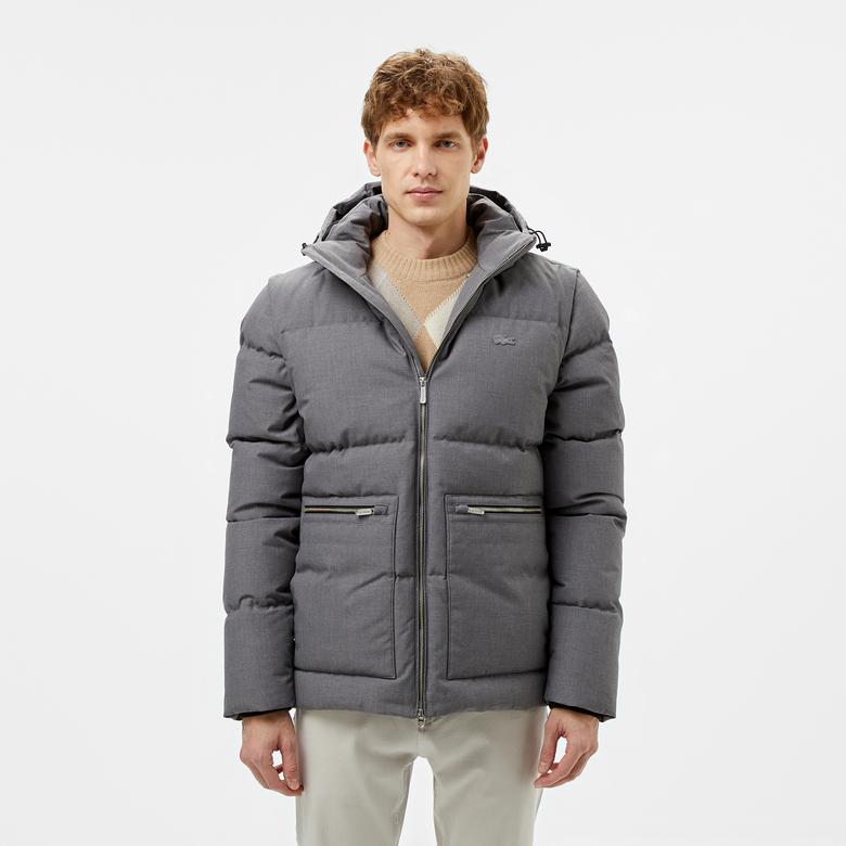 Erkek Kapüşonlu Gri Şişme Mont