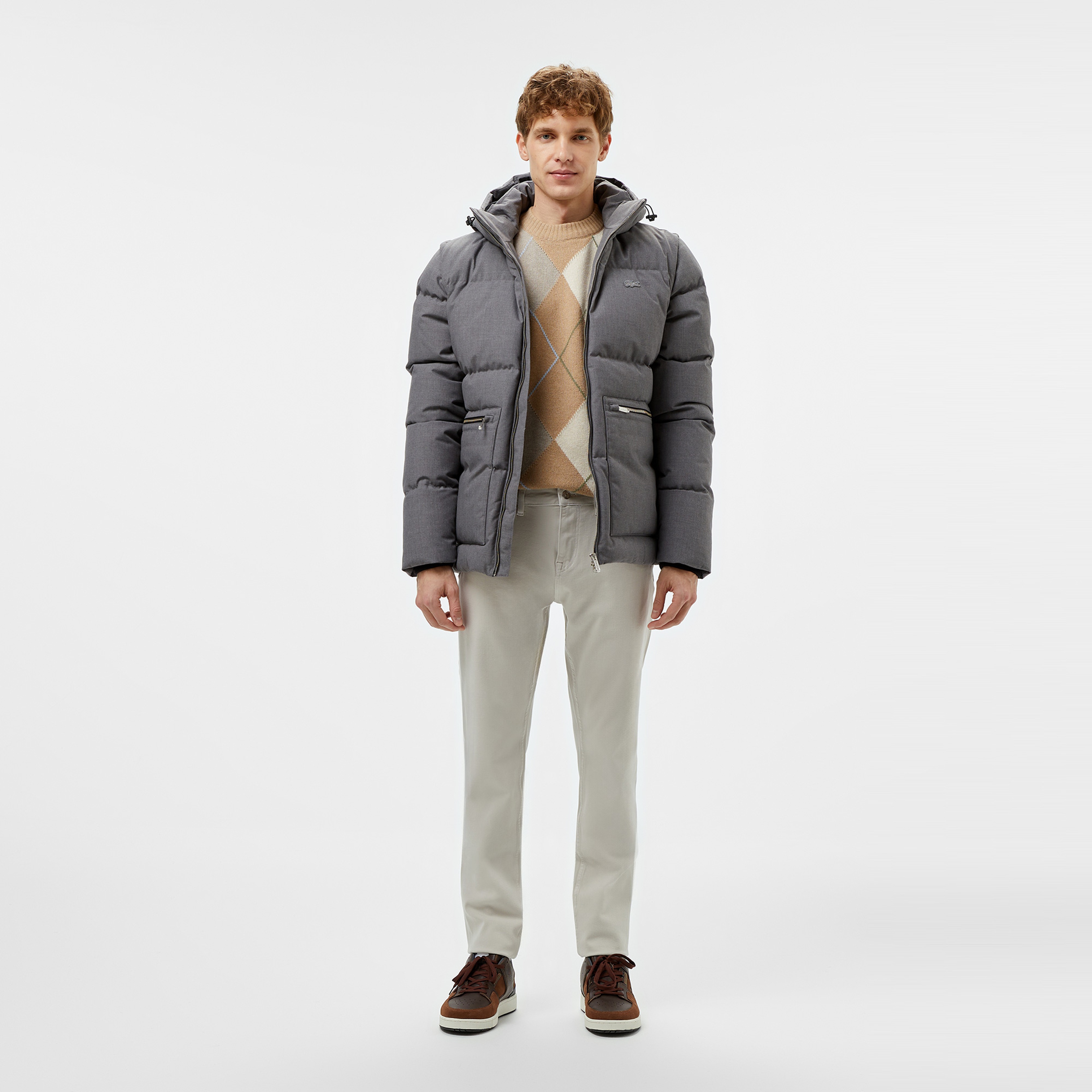 Erkek Kapüşonlu Gri Şişme Mont