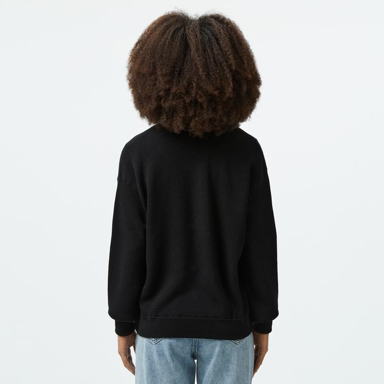 Kadın Relaxed Fit Dik Yaka Yün Siyah Triko