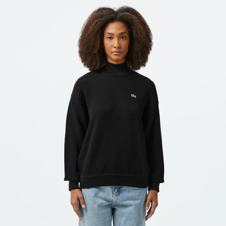 Kadın Relaxed Fit Dik Yaka Yün Siyah Triko