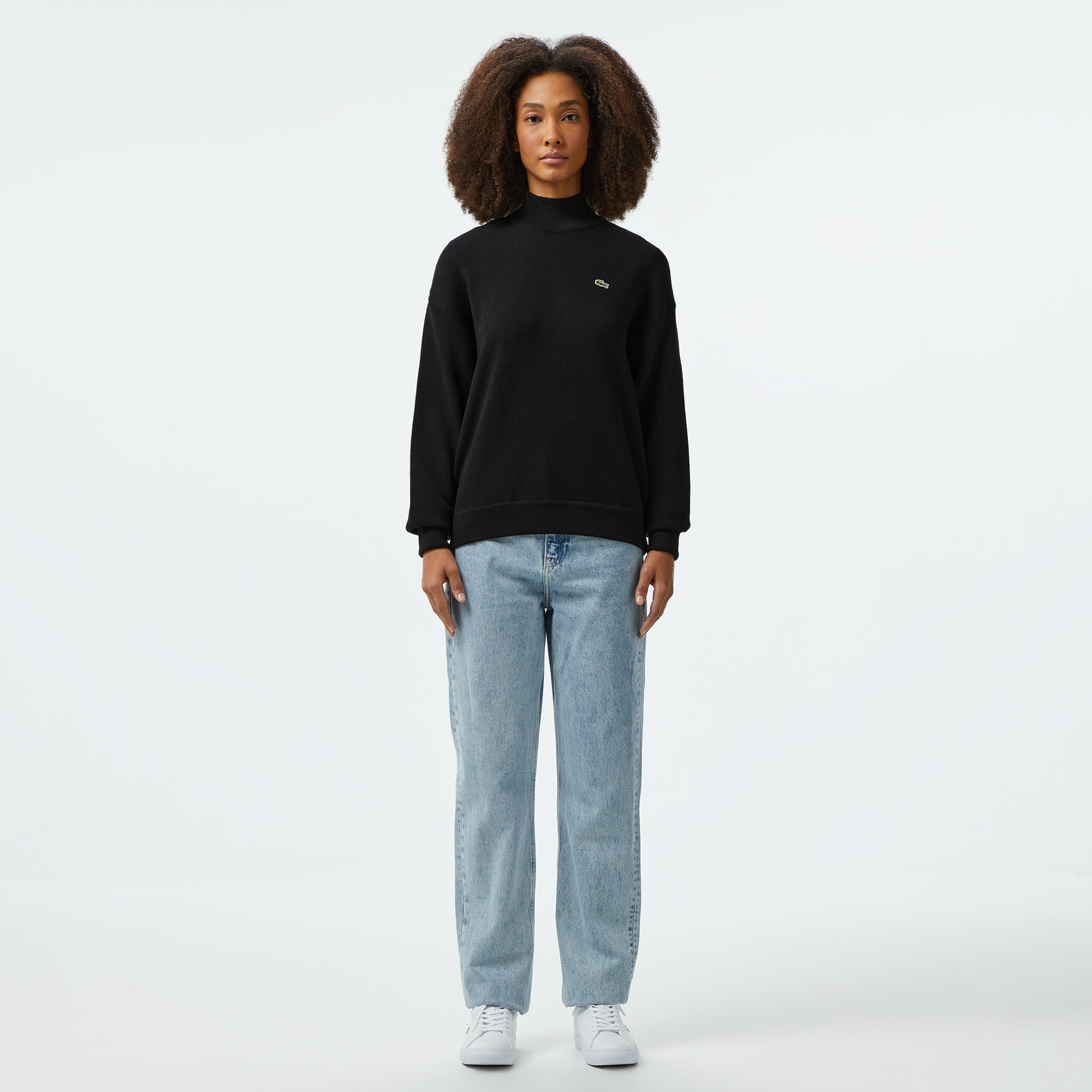 Kadın Relaxed Fit Dik Yaka Yün Siyah Triko