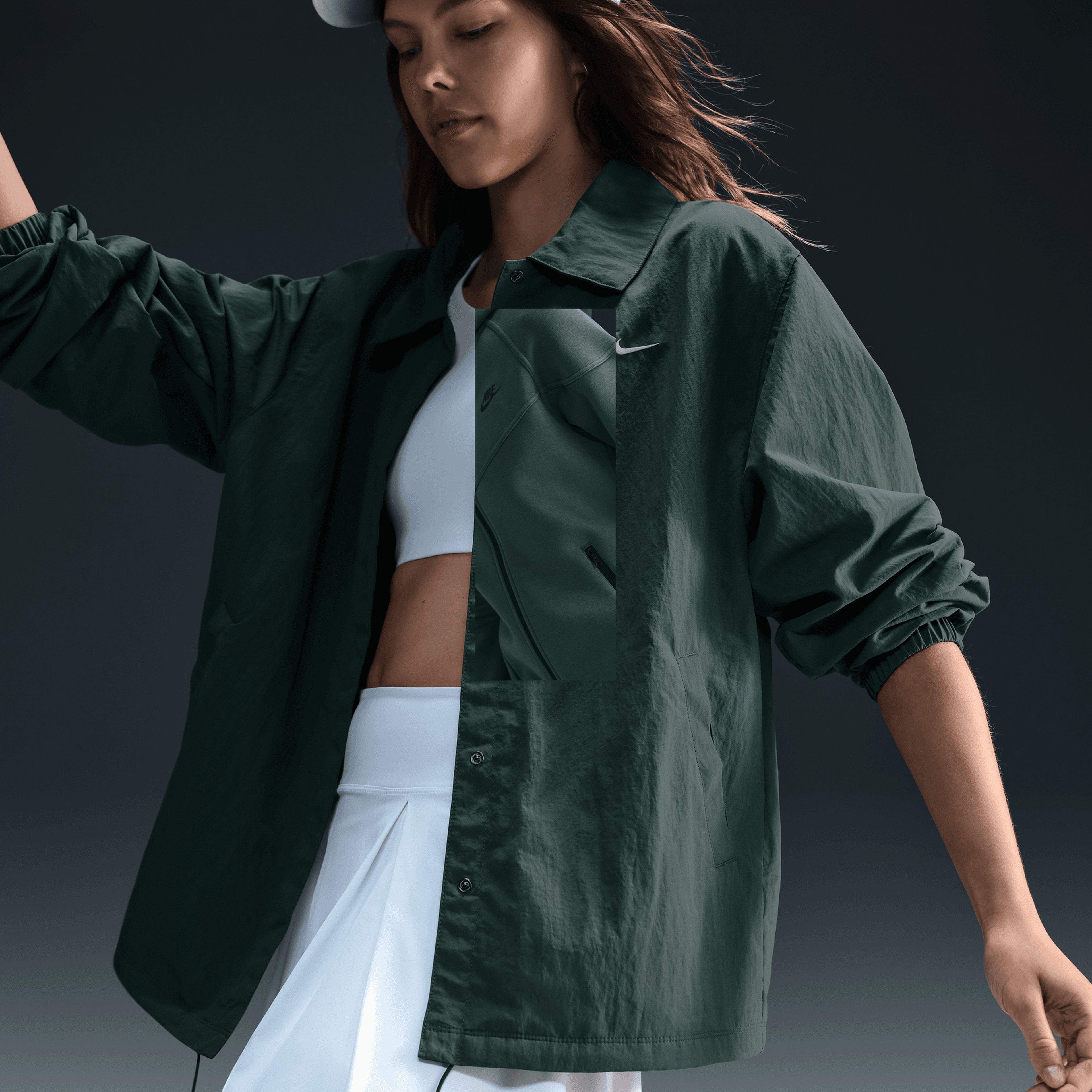 Nike Sportswear Essential Bol Kesimli UV Dokuma Kadın Yeşil Antrenör Ceketi