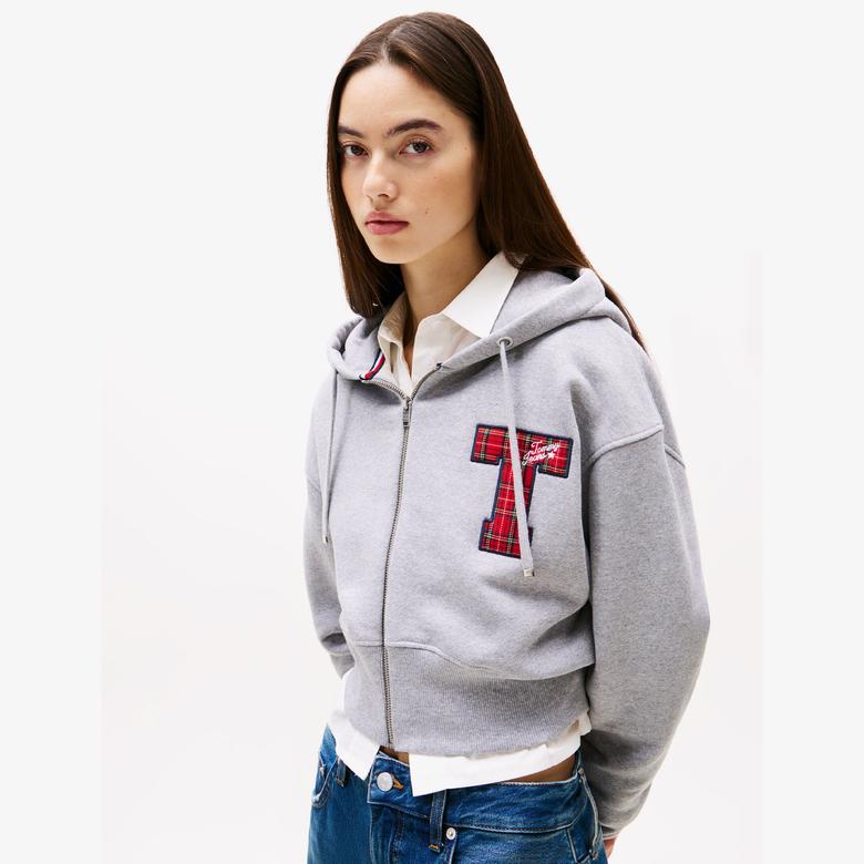 Tommy Hilfiger Tjw Zip Thru Applique Kadın Gri Hoodie