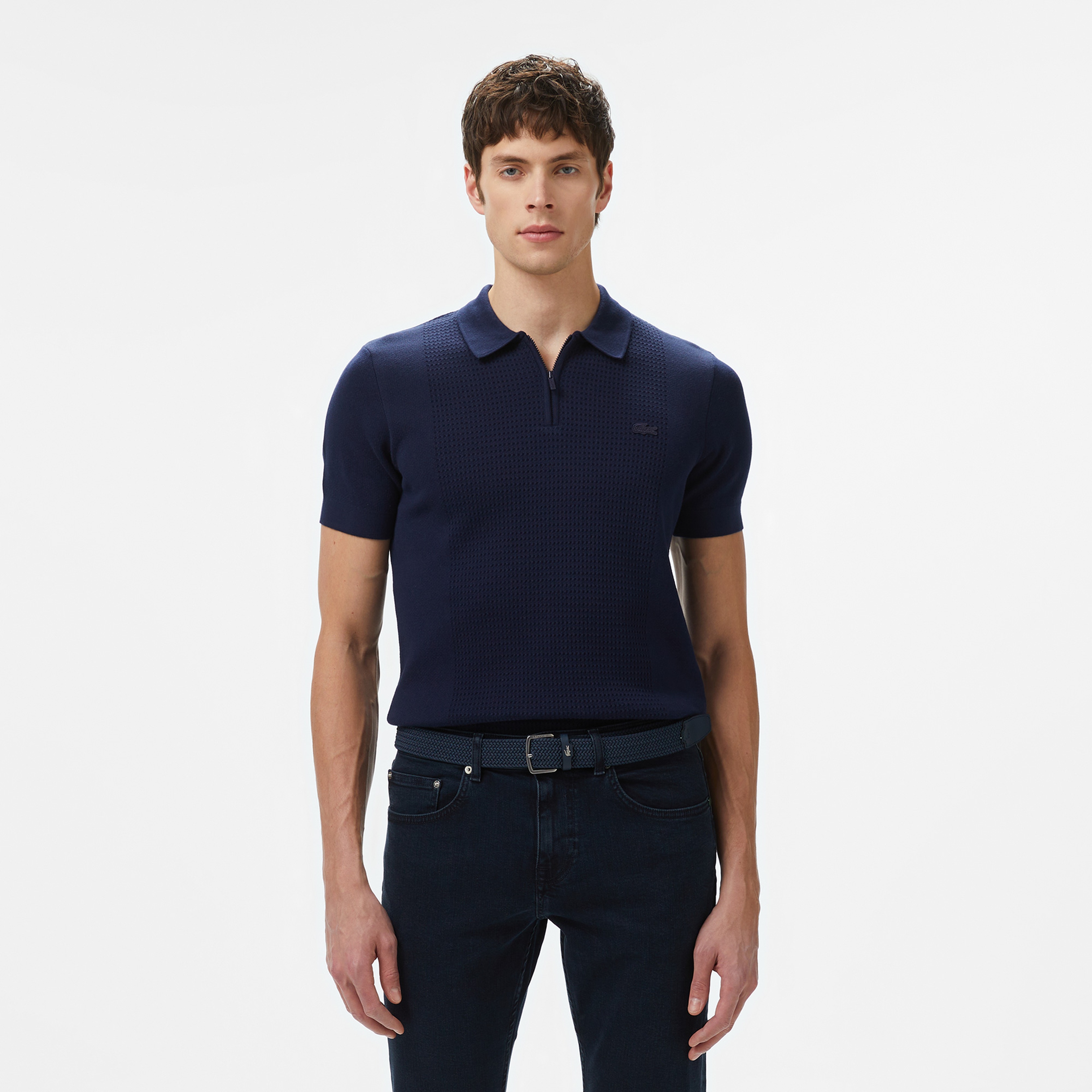 Erkek Kısa Kollu Yarım Fermuarlı Lacivert Triko