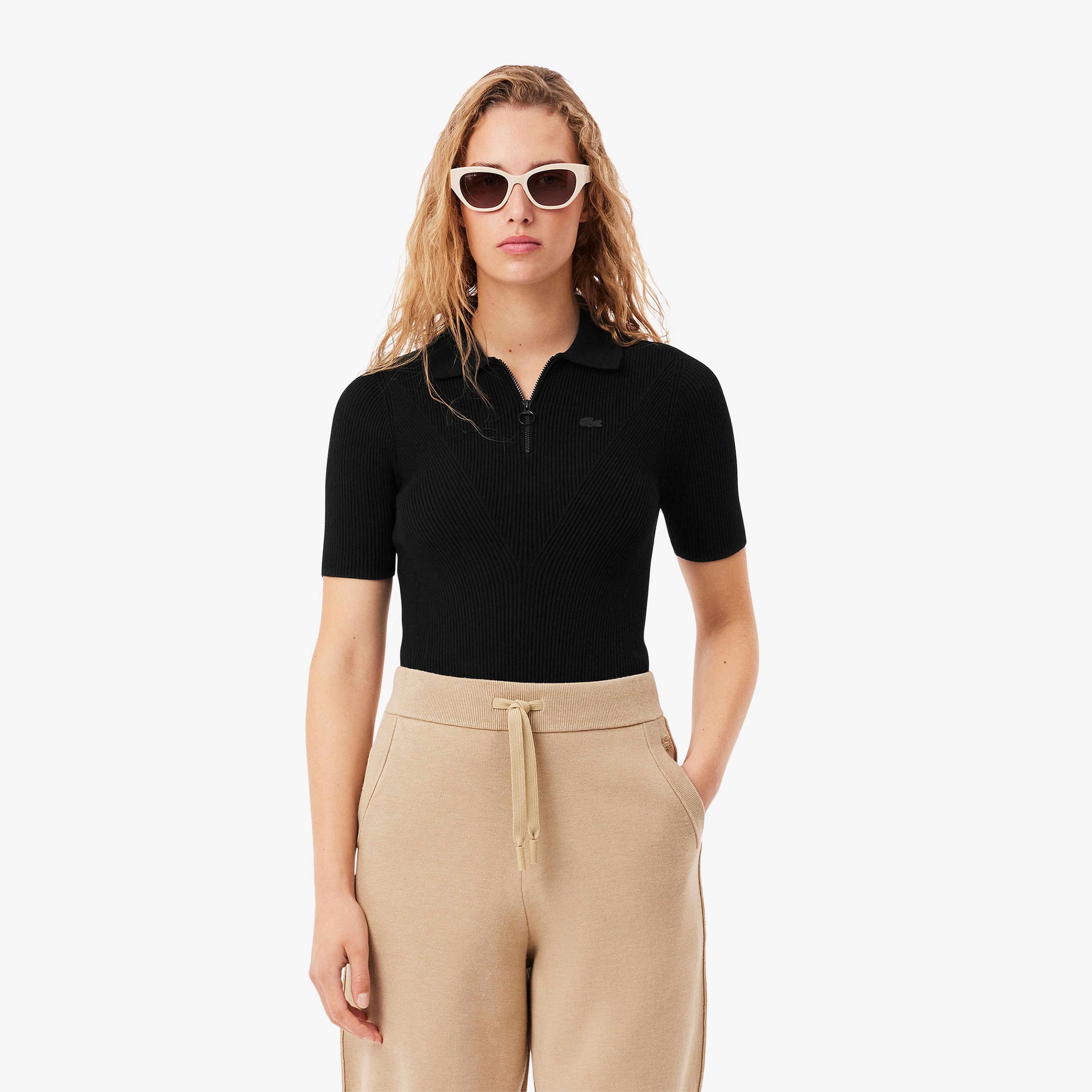 Kadın Slim Fit Kısa Kollu Yarım Fermuarlı Siyah Triko