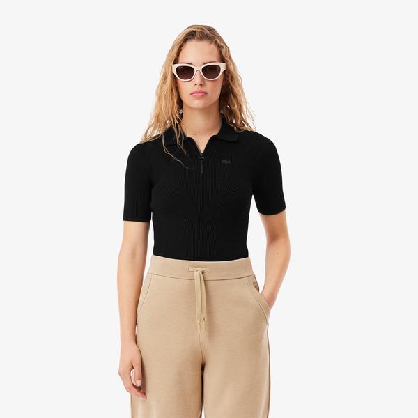 Kadın Slim Fit Kısa Kollu Yarım Fermuarlı Siyah Triko