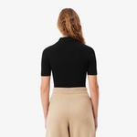 Kadın Slim Fit Kısa Kollu Yarım Fermuarlı Siyah Triko