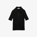 Kadın Slim Fit Kısa Kollu Yarım Fermuarlı Siyah Triko