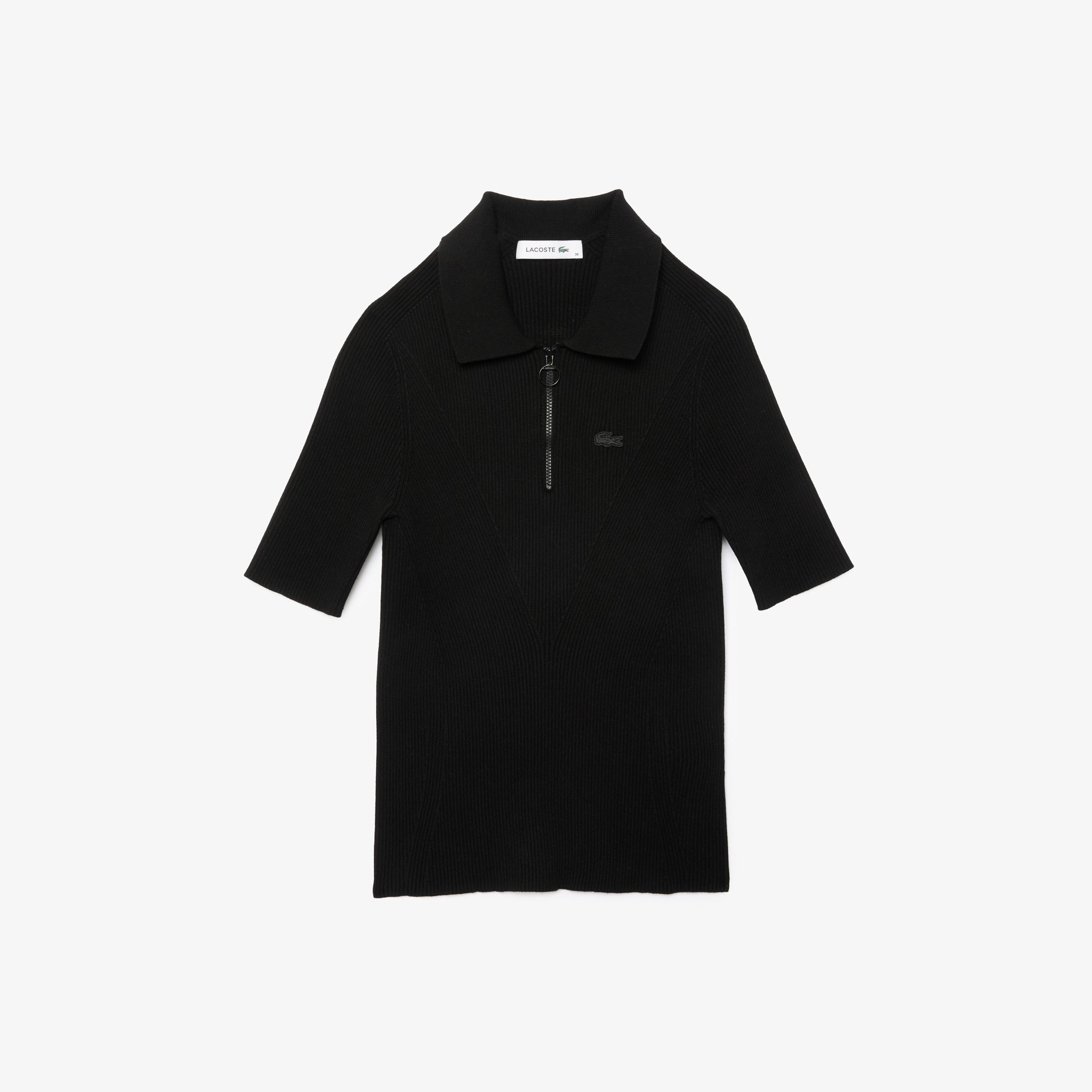 Kadın Slim Fit Kısa Kollu Yarım Fermuarlı Siyah Triko