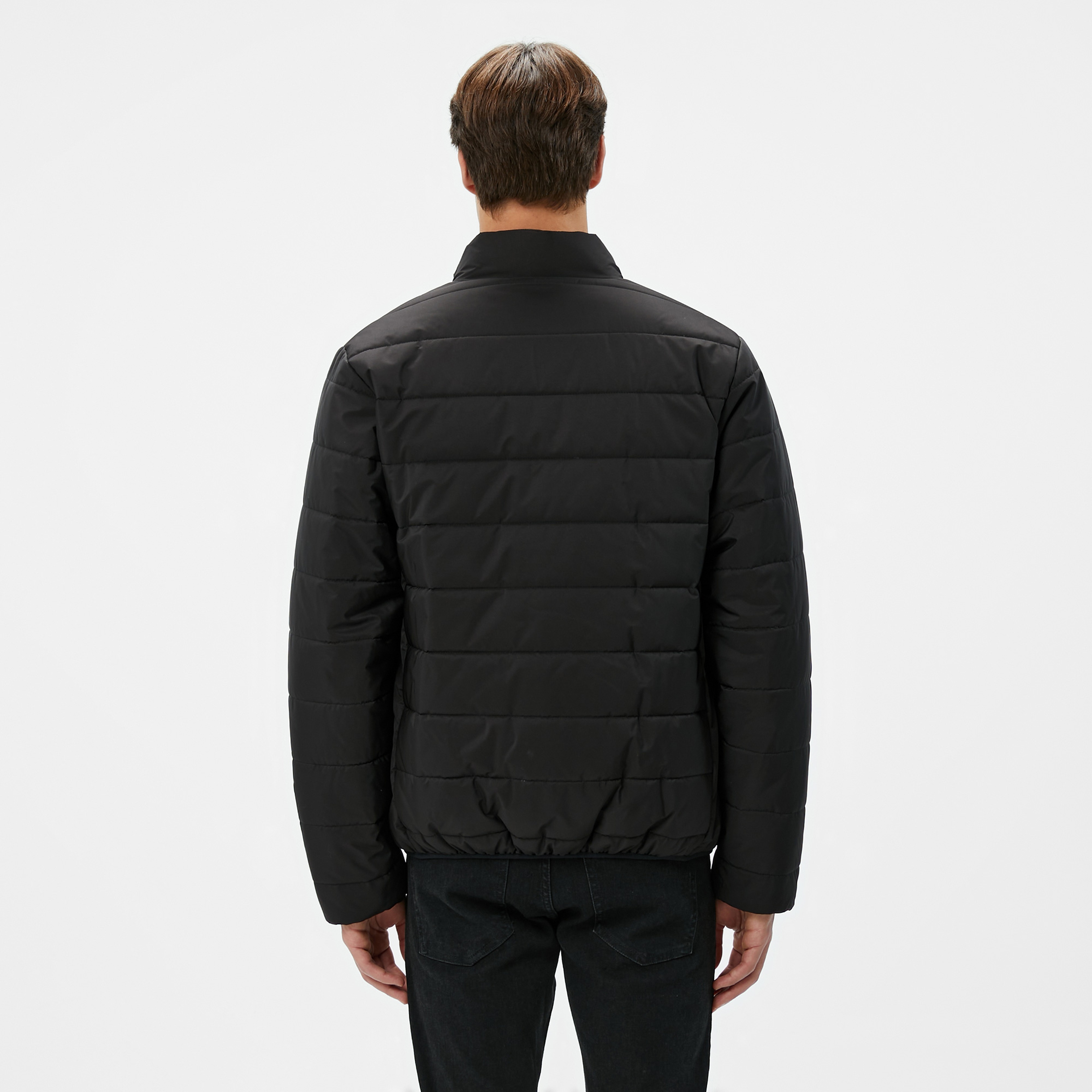 Erkek Dik Yaka Çift Taraflı Siyah Mont