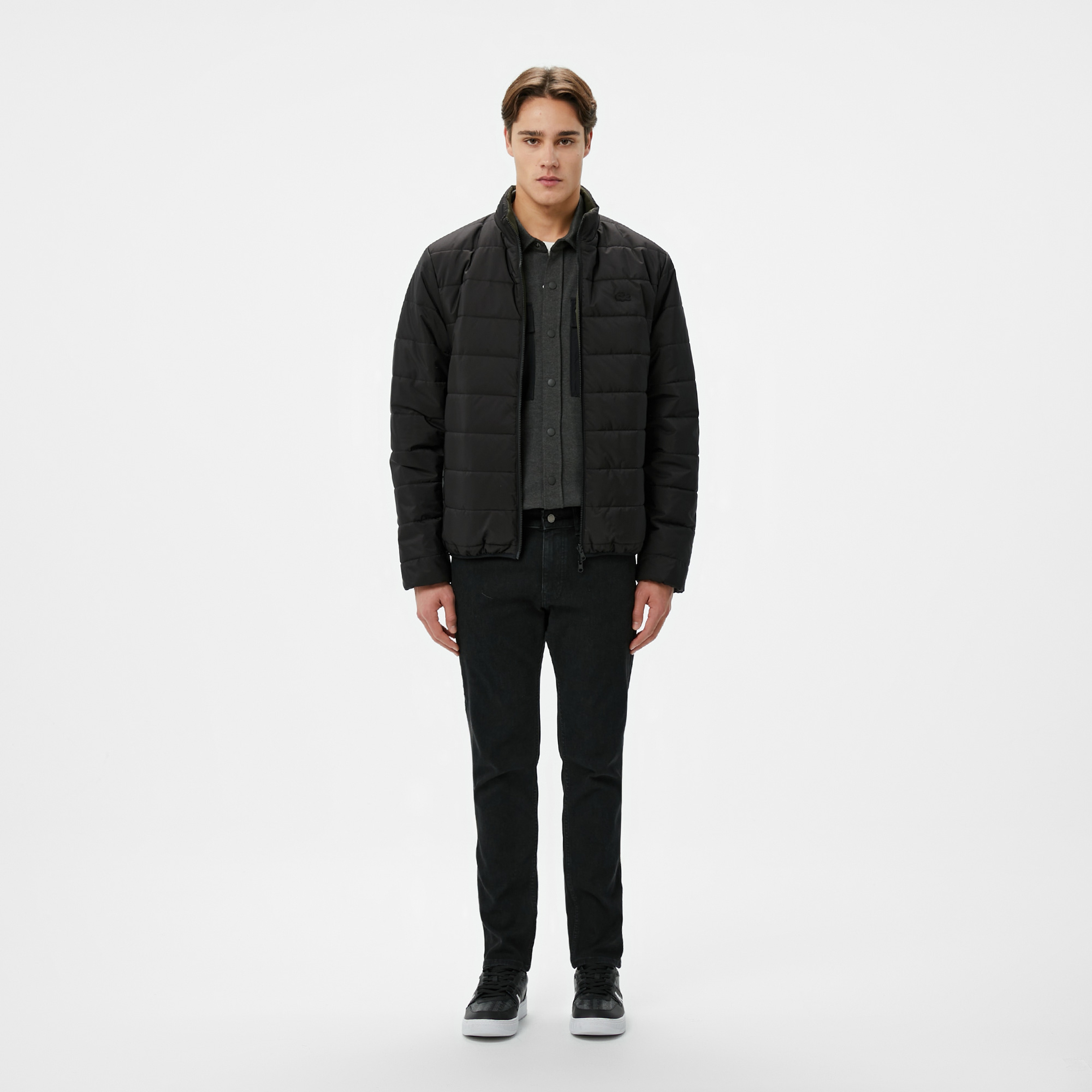 Erkek Dik Yaka Çift Taraflı Siyah Mont