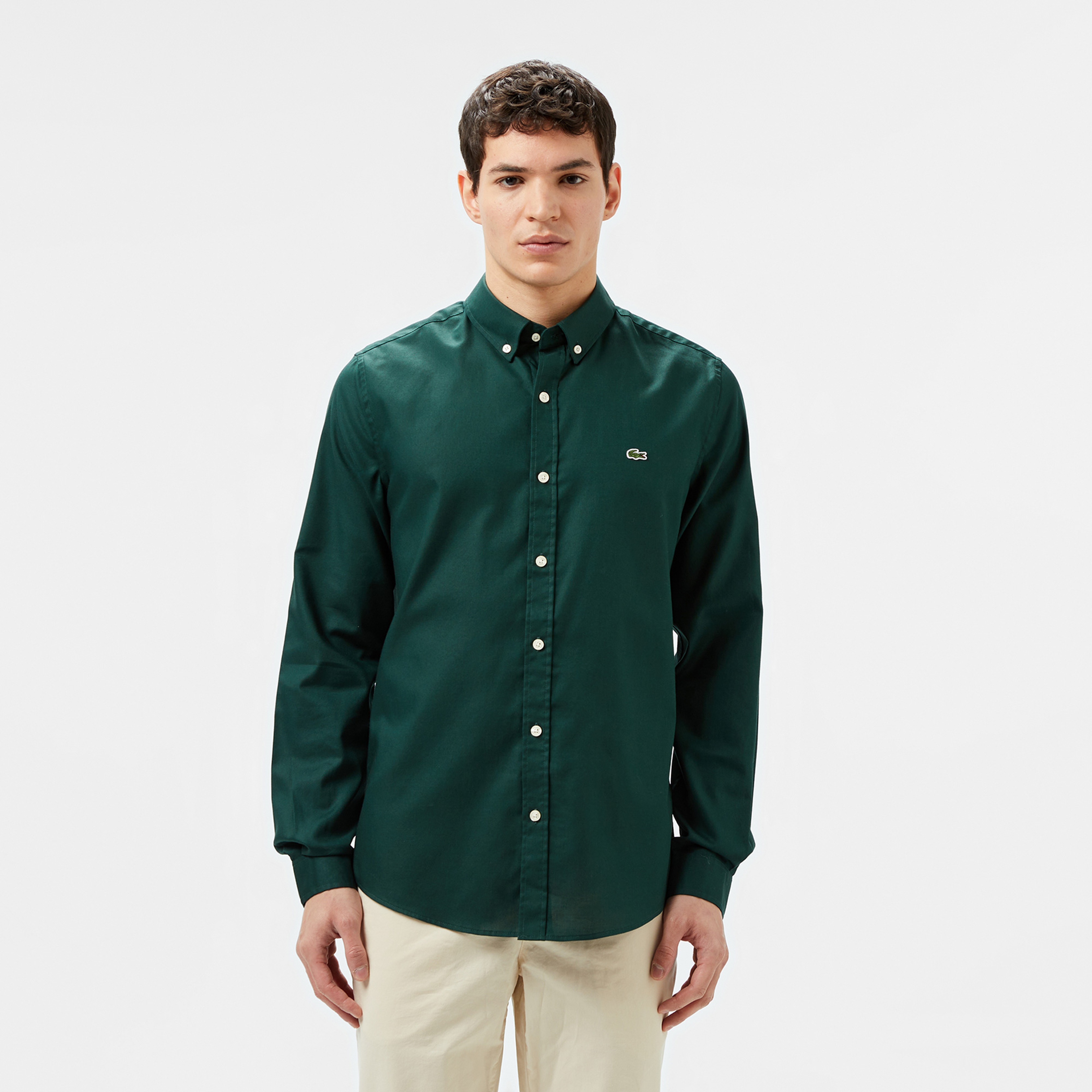 Erkek Slim Fit Düğmeli Yaka Koyu Yeşil Gömlek