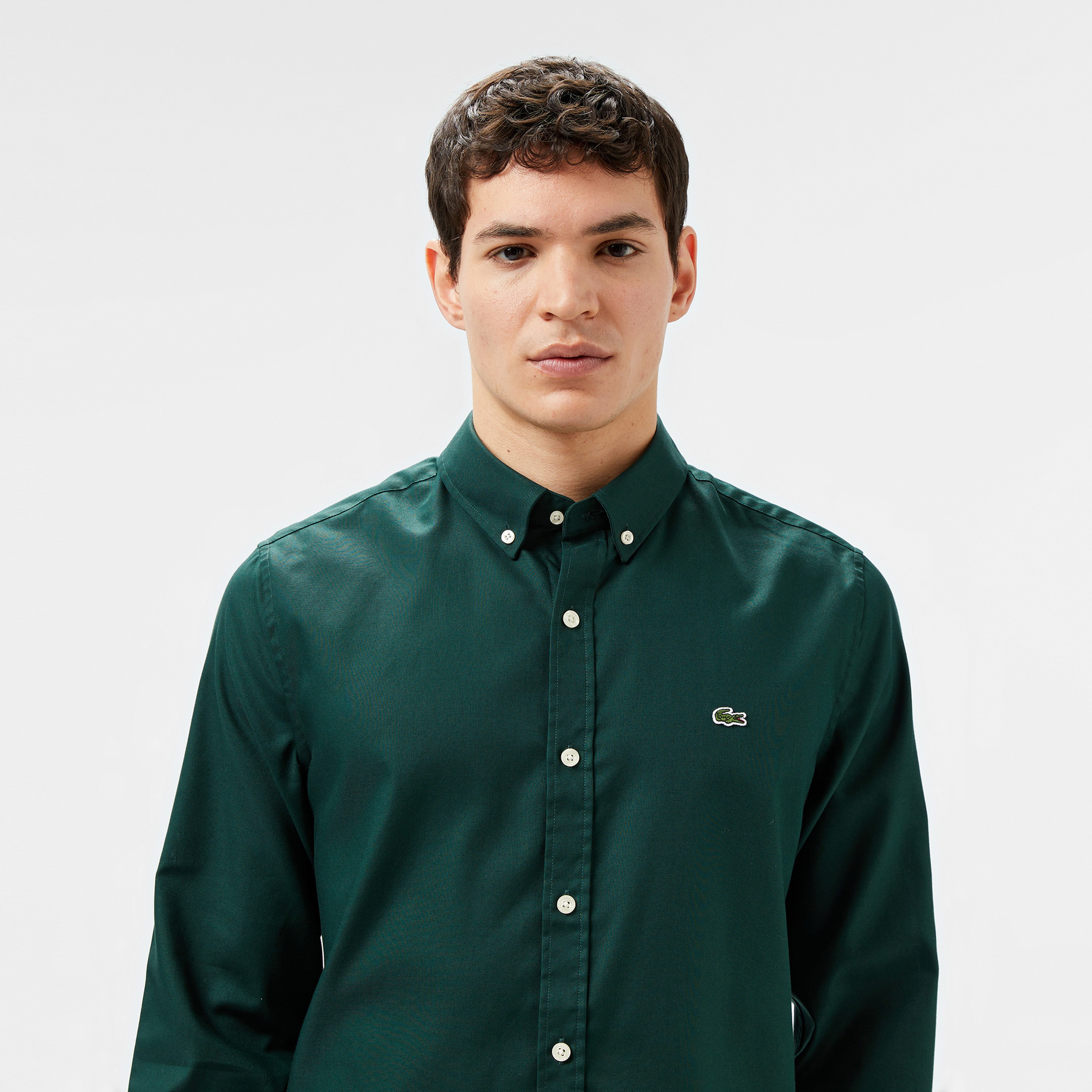 Erkek Slim Fit Düğmeli Yaka Koyu Yeşil Gömlek