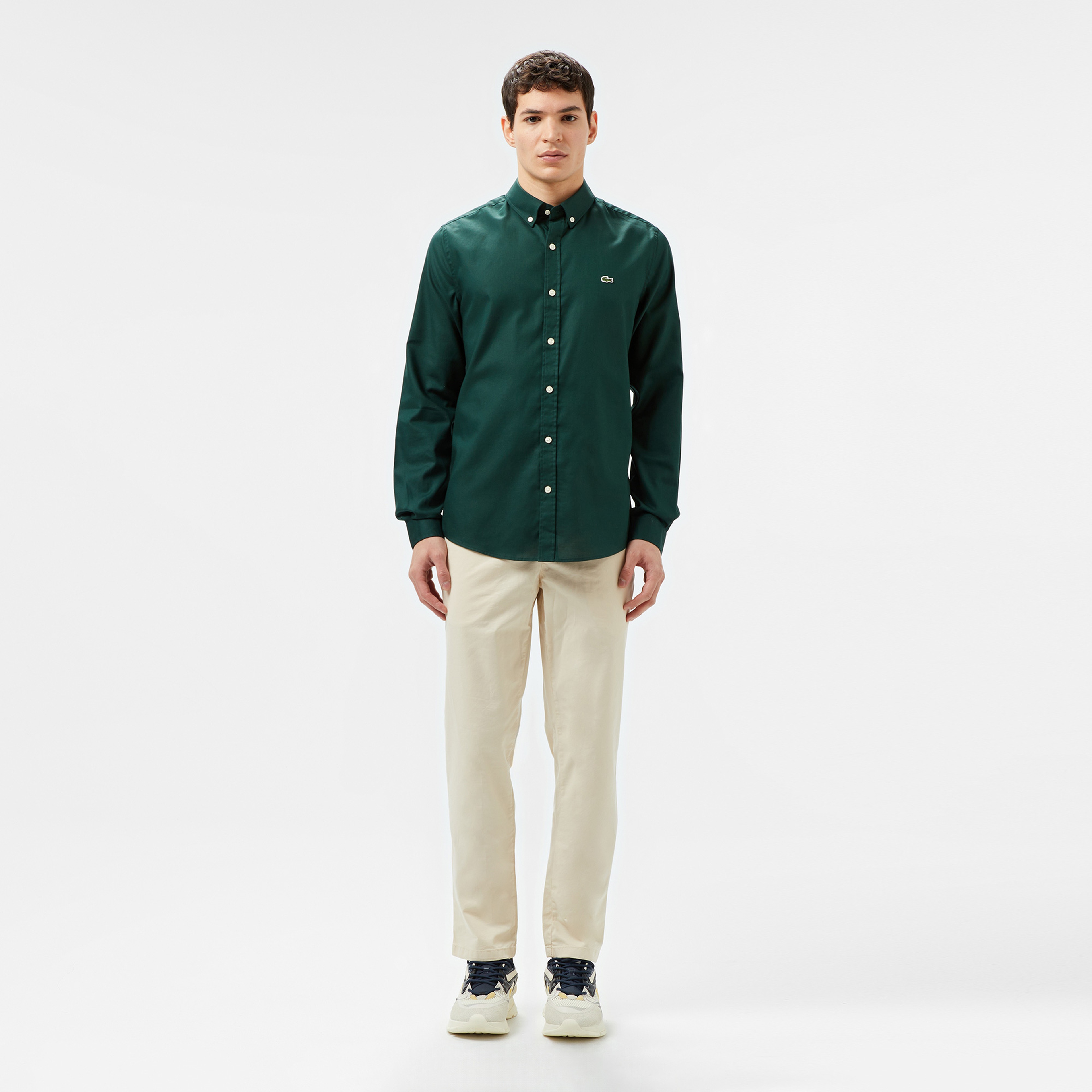 Erkek Slim Fit Düğmeli Yaka Koyu Yeşil Gömlek