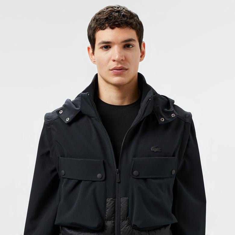 Erkek Regular Fit Kapüşonlu Baskılı Siyah Mont