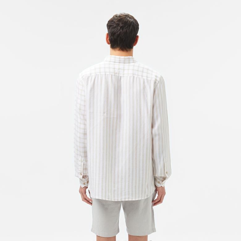 Erkek Regular Fit Düğmeli Yaka Ekose Keten Bej Gömlek