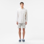 Erkek Regular Fit Düğmeli Yaka Ekose Keten Bej Gömlek