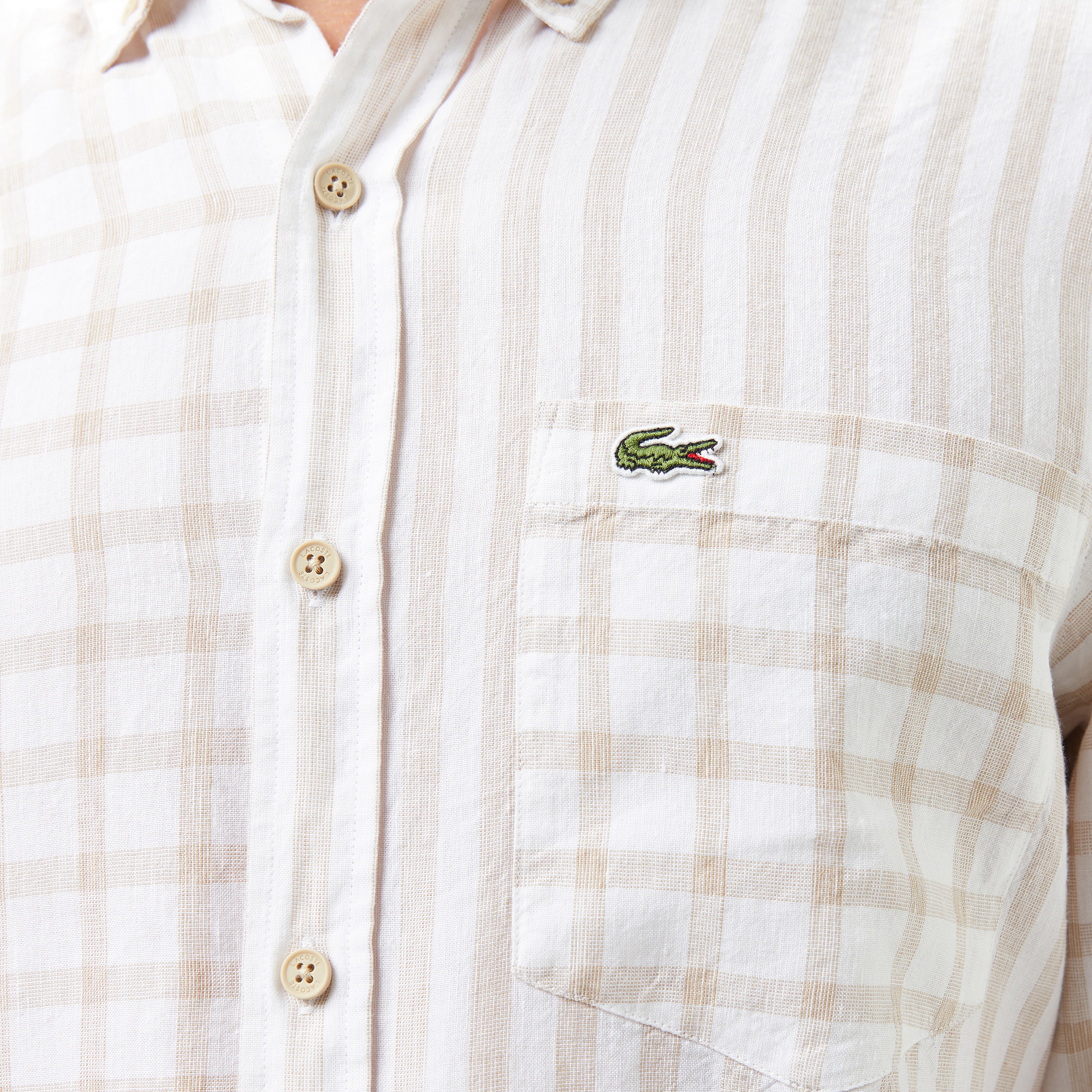 Erkek Regular Fit Düğmeli Yaka Ekose Keten Bej Gömlek